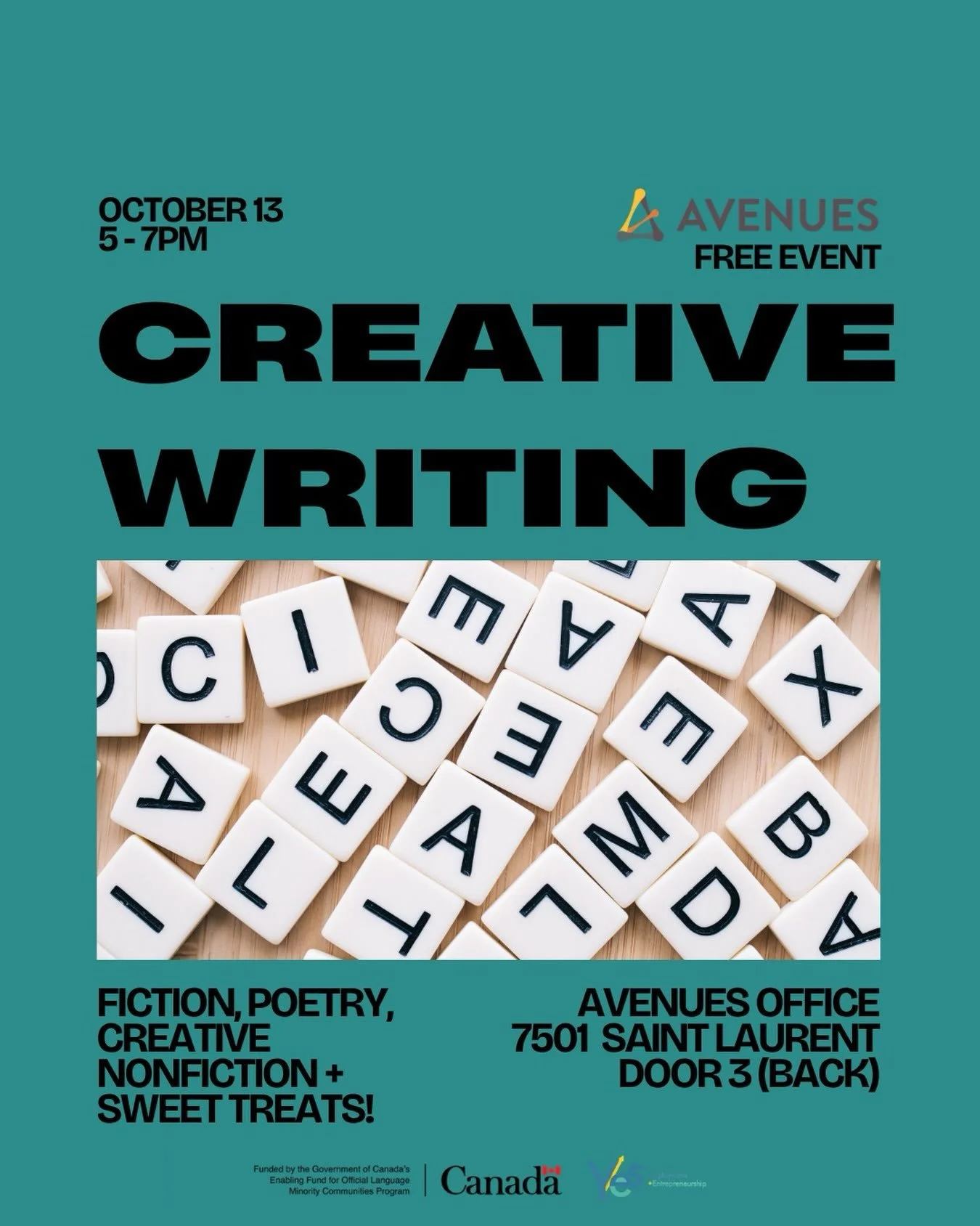 Next Tuesday October 13th:

Creative writing workshop with Eve at the Avenues Office. Free food and drinks provided! 📝🥤🍎🍩🥙🥪

Sign up link in bio 🔗