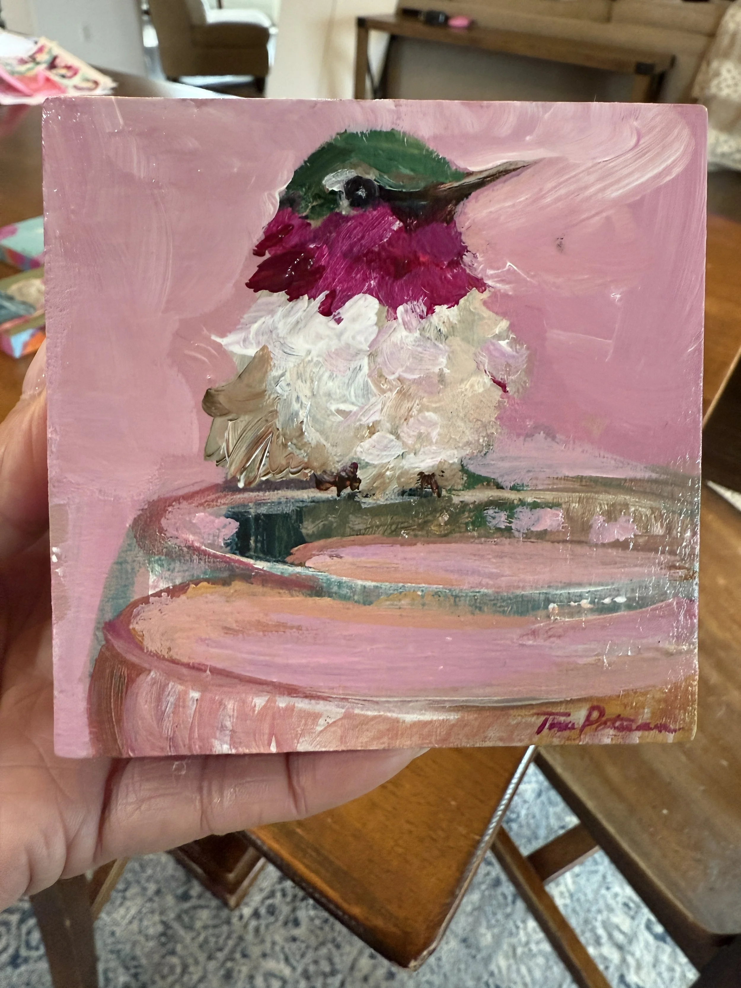 Hummingbird & Champagne Coupe 4x4" Acrylic Painting Tina Petersen Art..JPG
