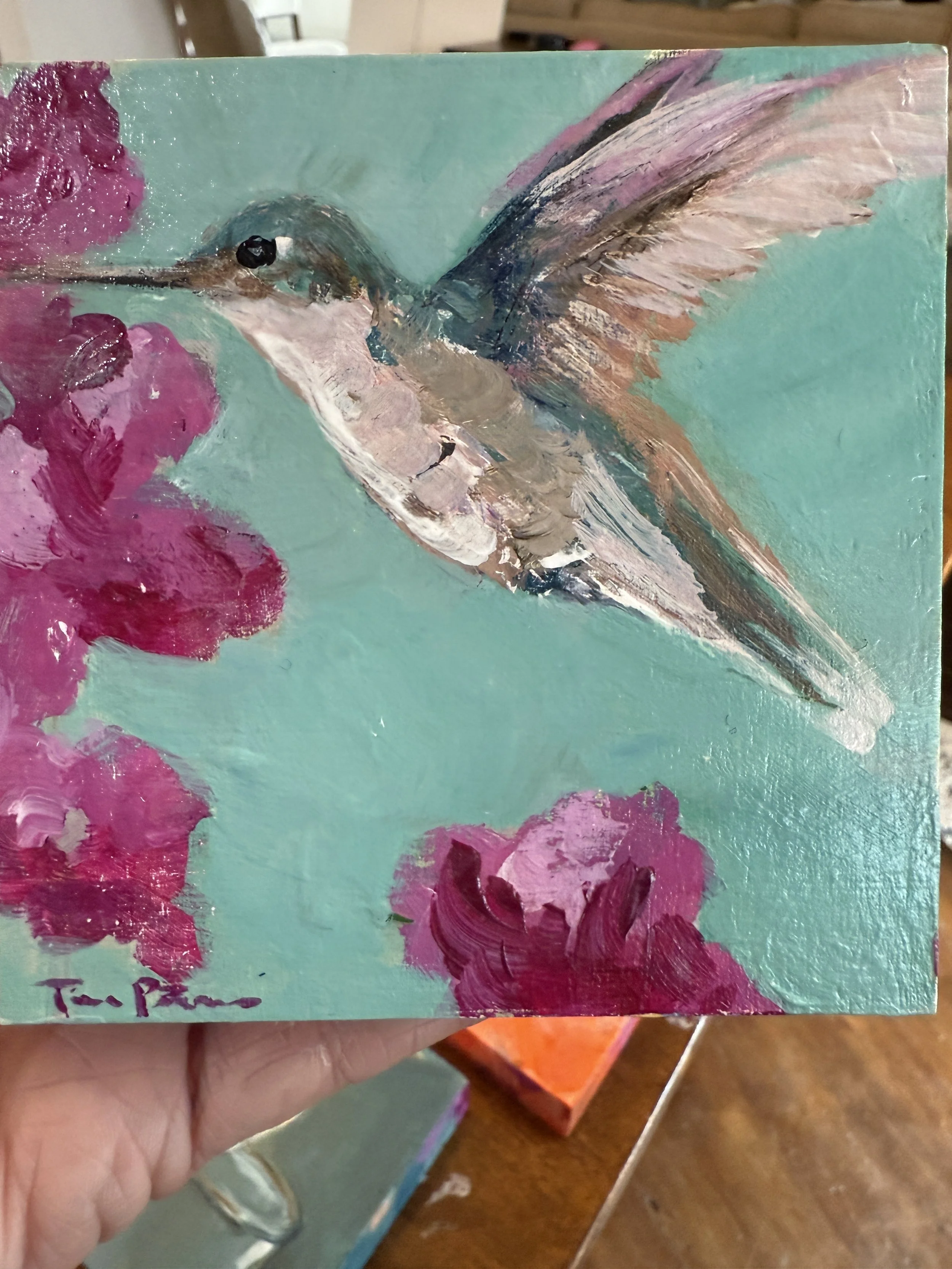 Hummingbird & butterfly Bush 4x4" Acrylic Painting Tina Petersen Art..JPG