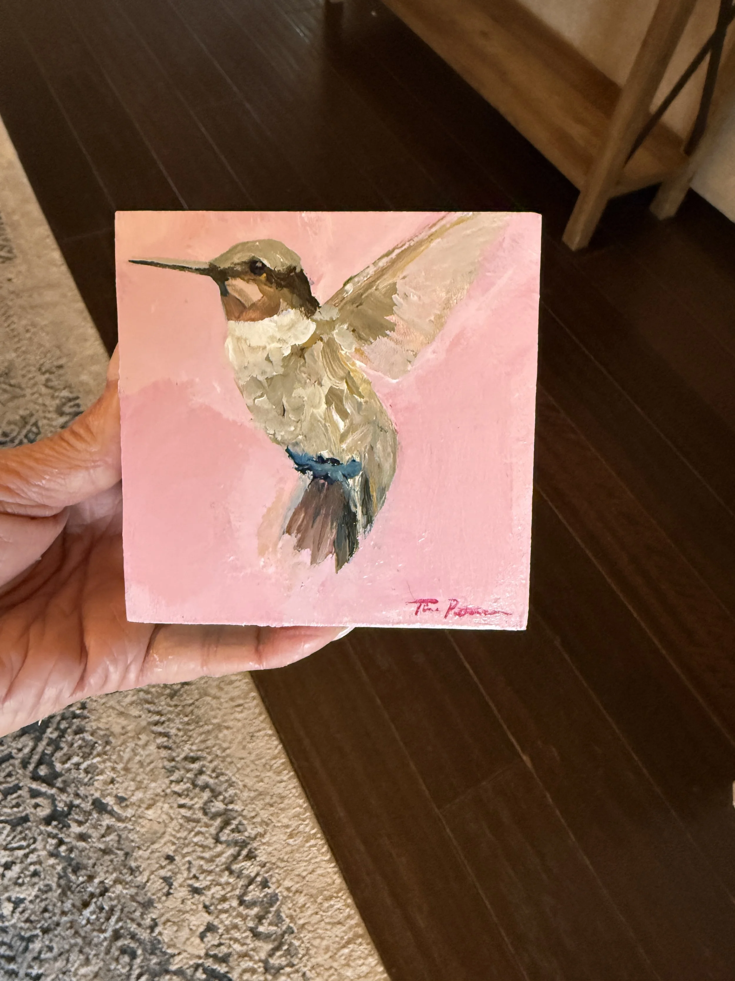 Hummingbird Painting Waiting for You 4x4" Acrylic by Tina Petersen 2025.JPG