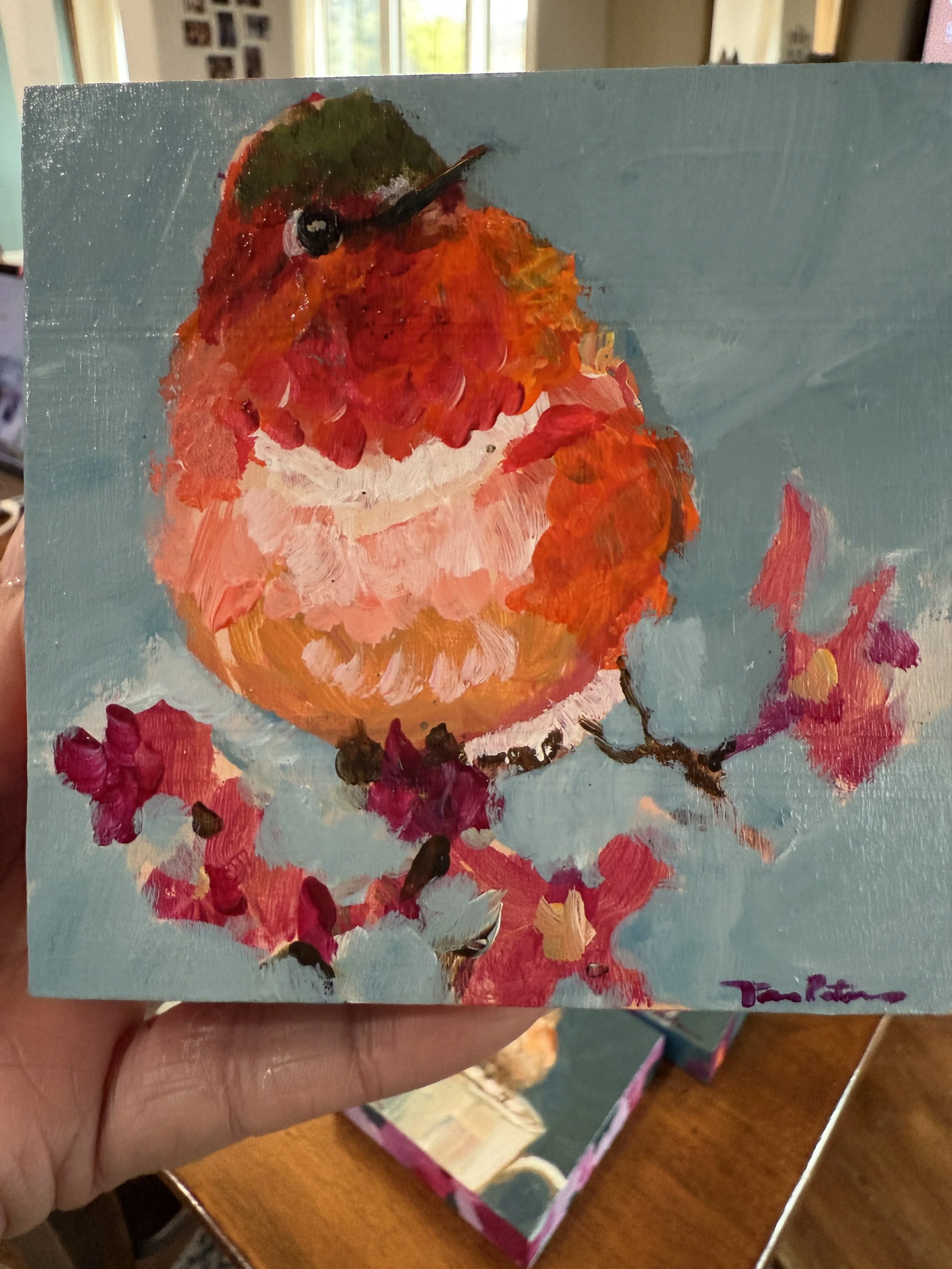Happy Hummingbird 4x4" Acrylic Painting Tina Petersen Art..JPG