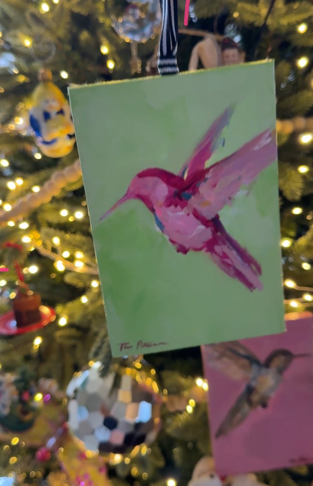 Hummingbird Painting Ornaments Group 4x6 Acrylic Hummingbird Key Lime Canvas with Ribbon 2025 Tina Petersen Art.jpg