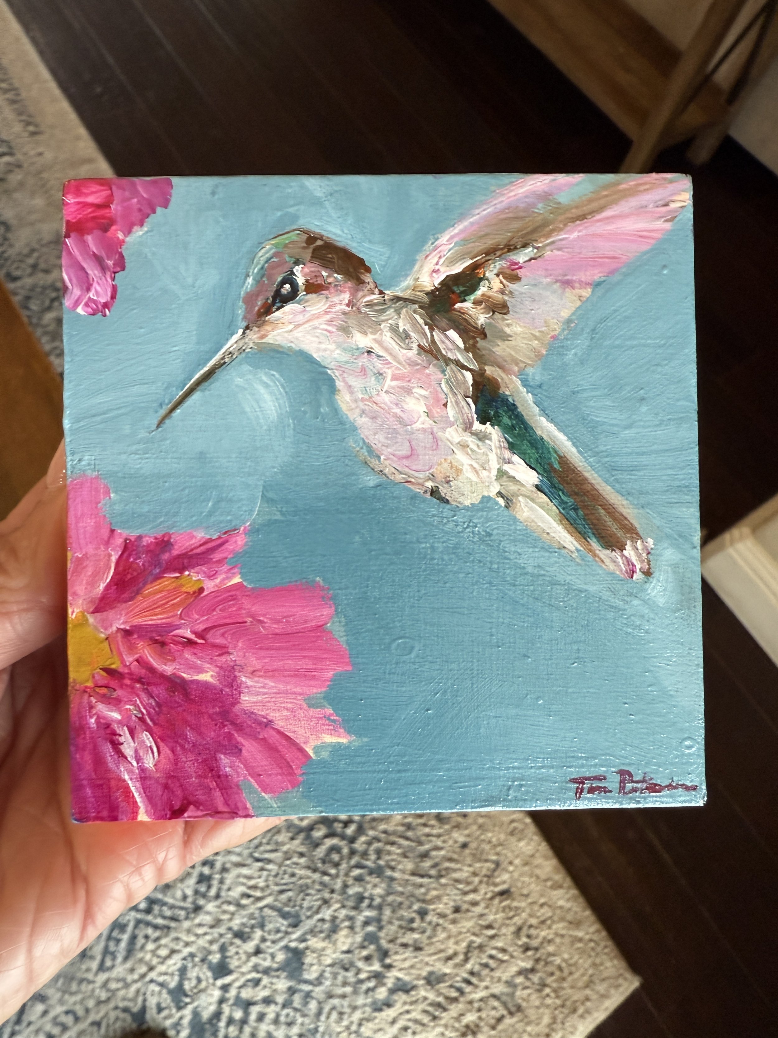 Hummingbird & Impatients Window 4x4" Acrylic Painting Tina Petersen Art..JPG