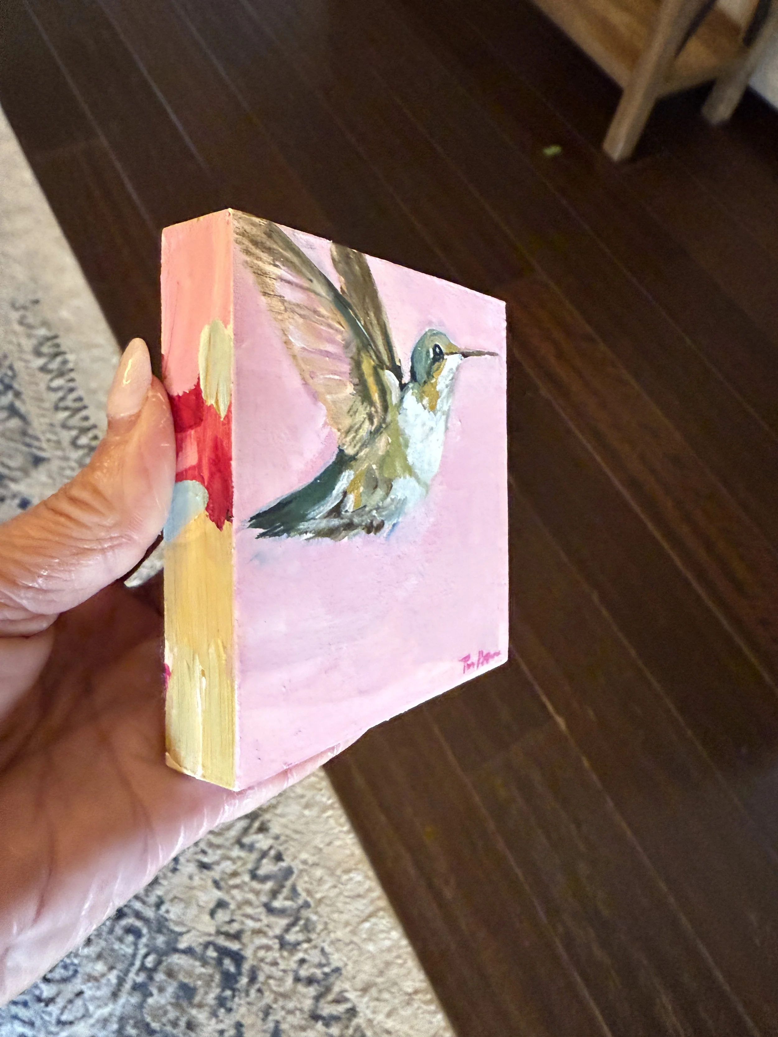 ummingbird Painting Side "On My Way" 4x4 Acrylic 2025 Tina Petersen Art.JPG
