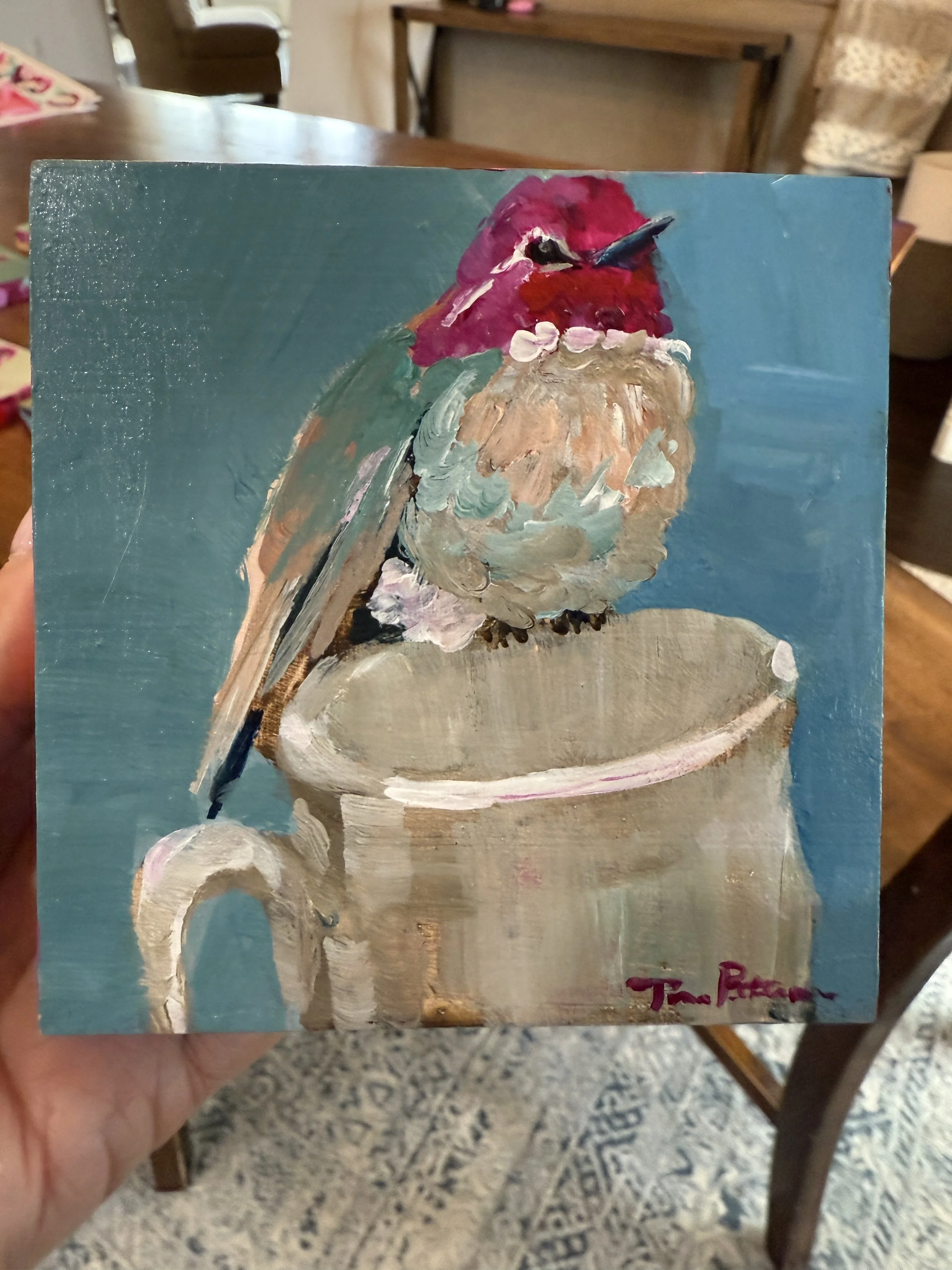 Hummingbird & Espresso 4x4" Acrylic Painting Tina Petersen Art..JPG