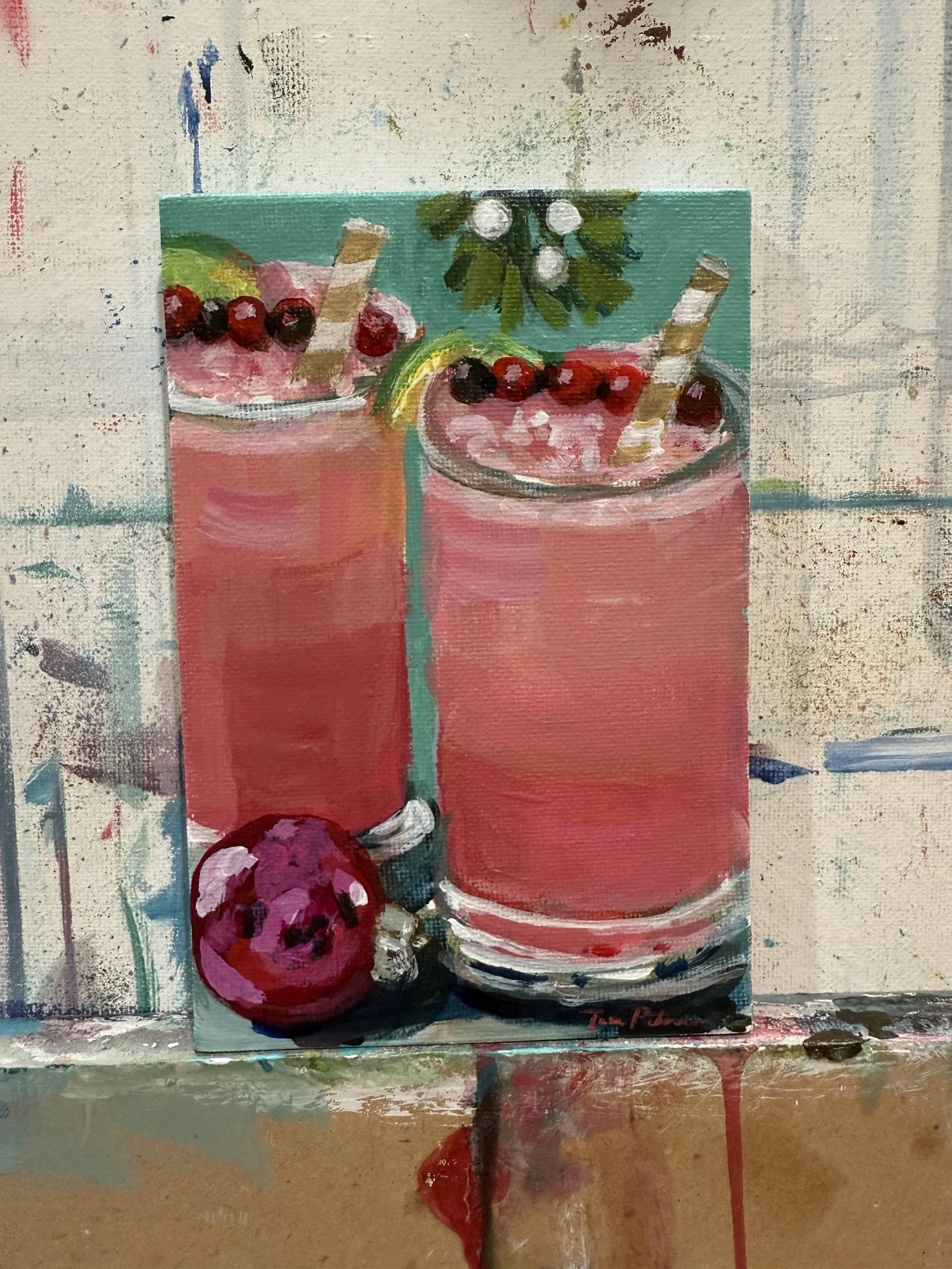 Small Acrylic Cocktail & Mistletoe Painting 4x6" by Tina Petersen "Cranberry Cocktails & Mistletoe".JPG