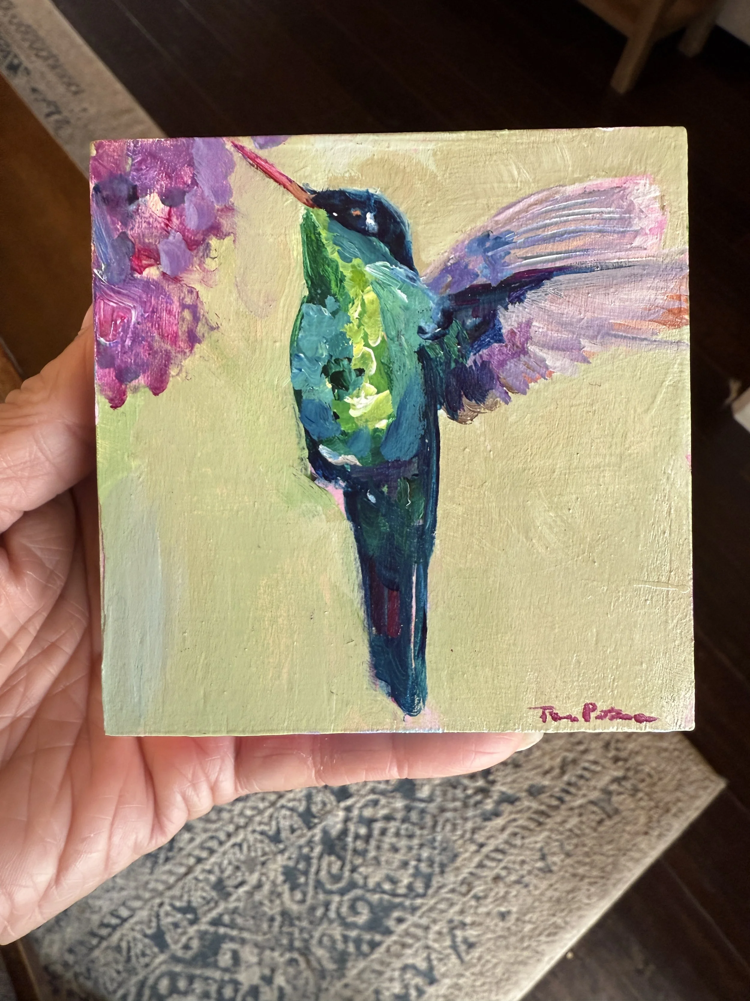 Petunias & the Green Hummingbird 24x4" Acrylic Painting Tina Petersen Art..JPG