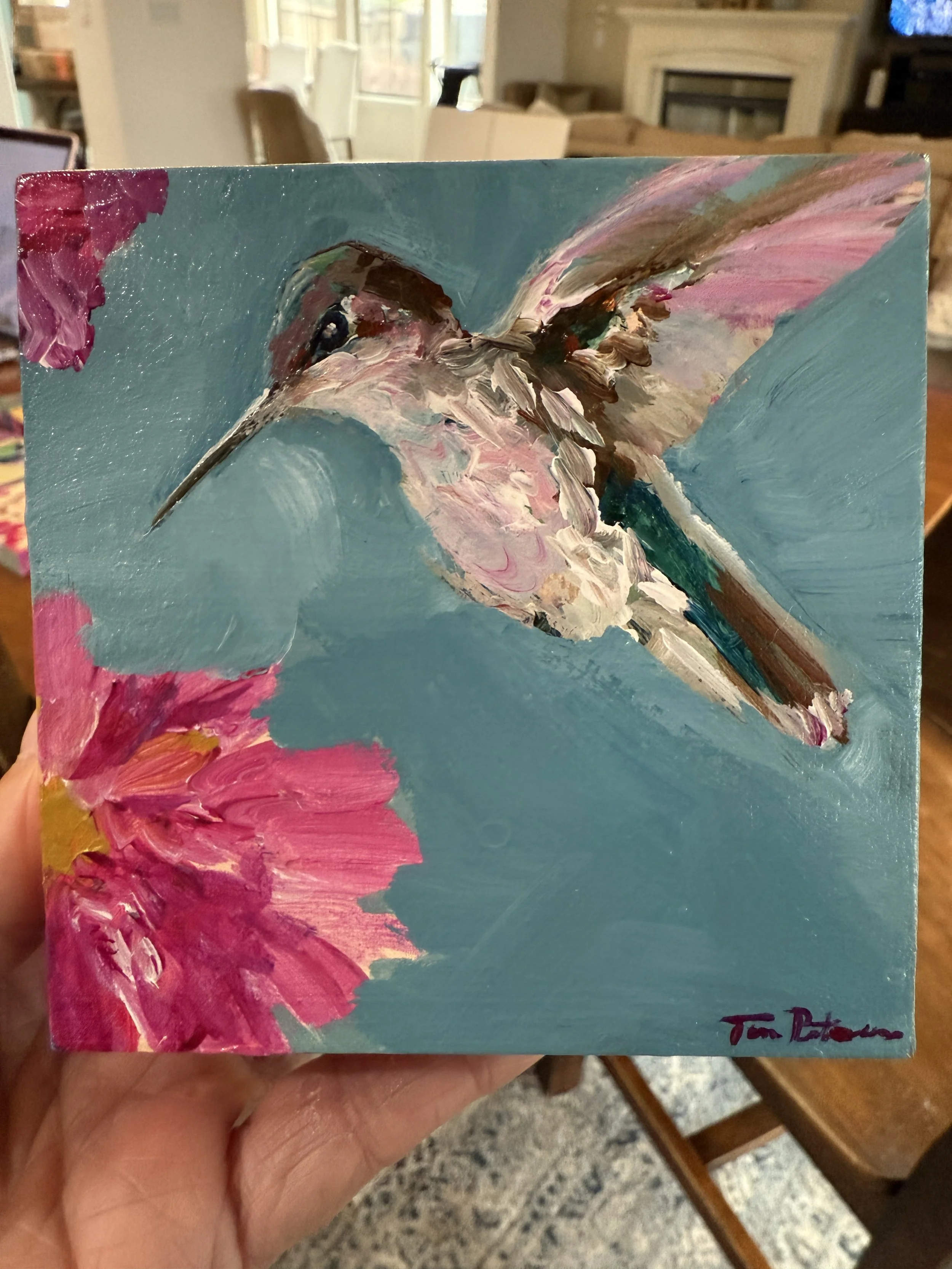 Hummingbird & Impatients 4x4" Acrylic Painting Tina Petersen Art..JPG