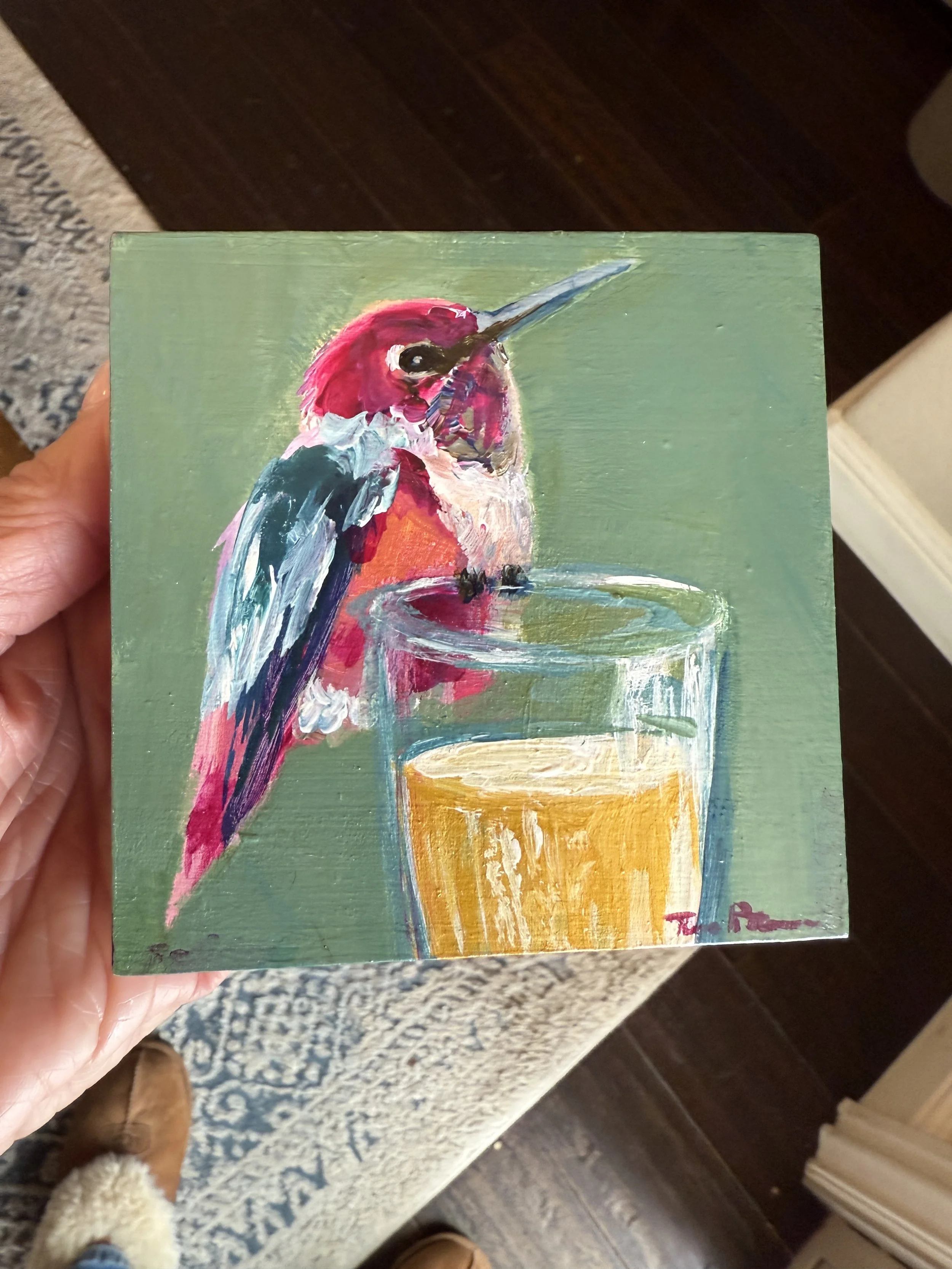 Hummingbird & Champagne 3 4x4" Acrylic Painting Tina Petersen Art..JPG