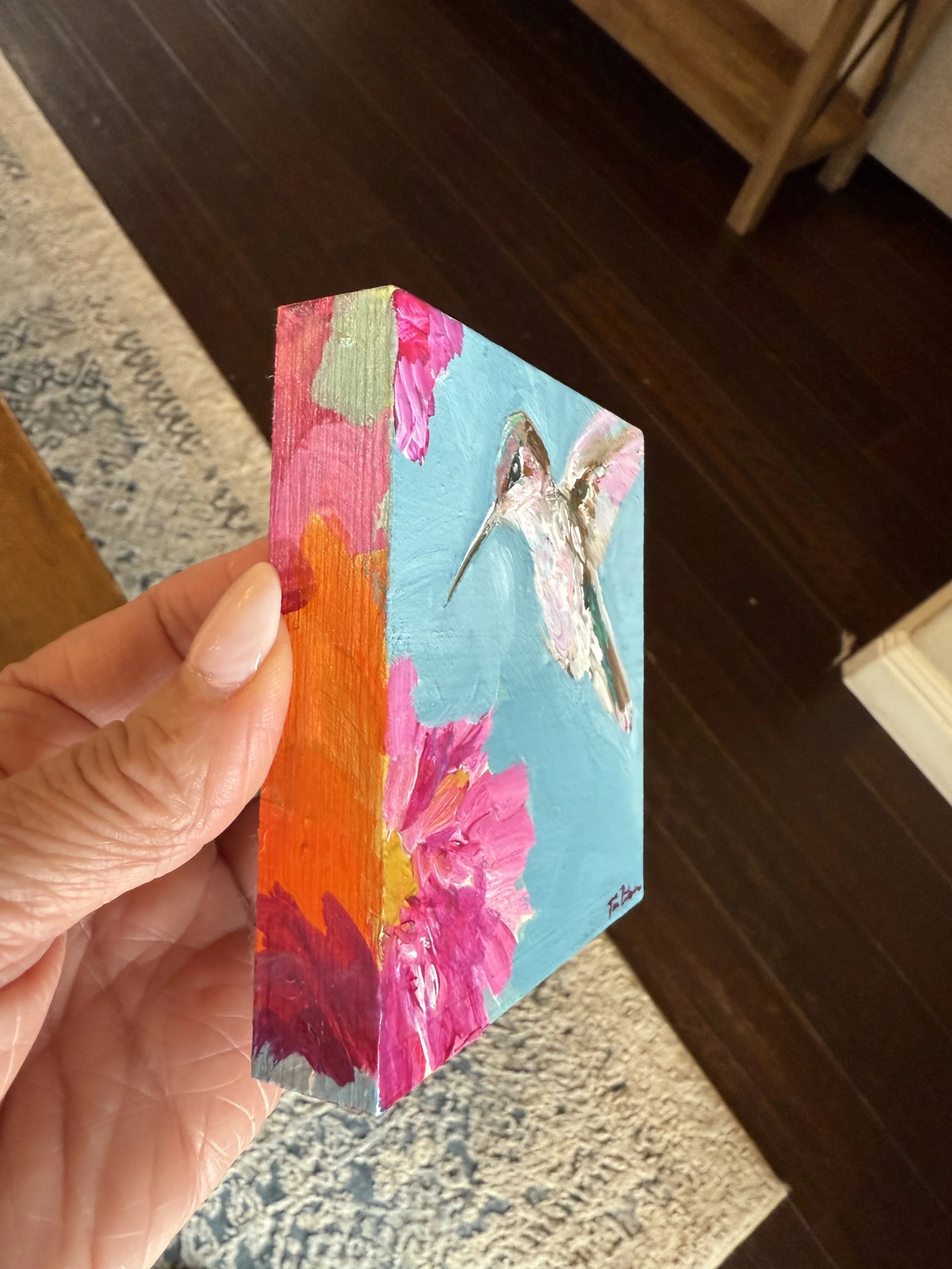 Hummingbird & Impatients Side 4x4" Acrylic Painting Tina Petersen Art..JPG