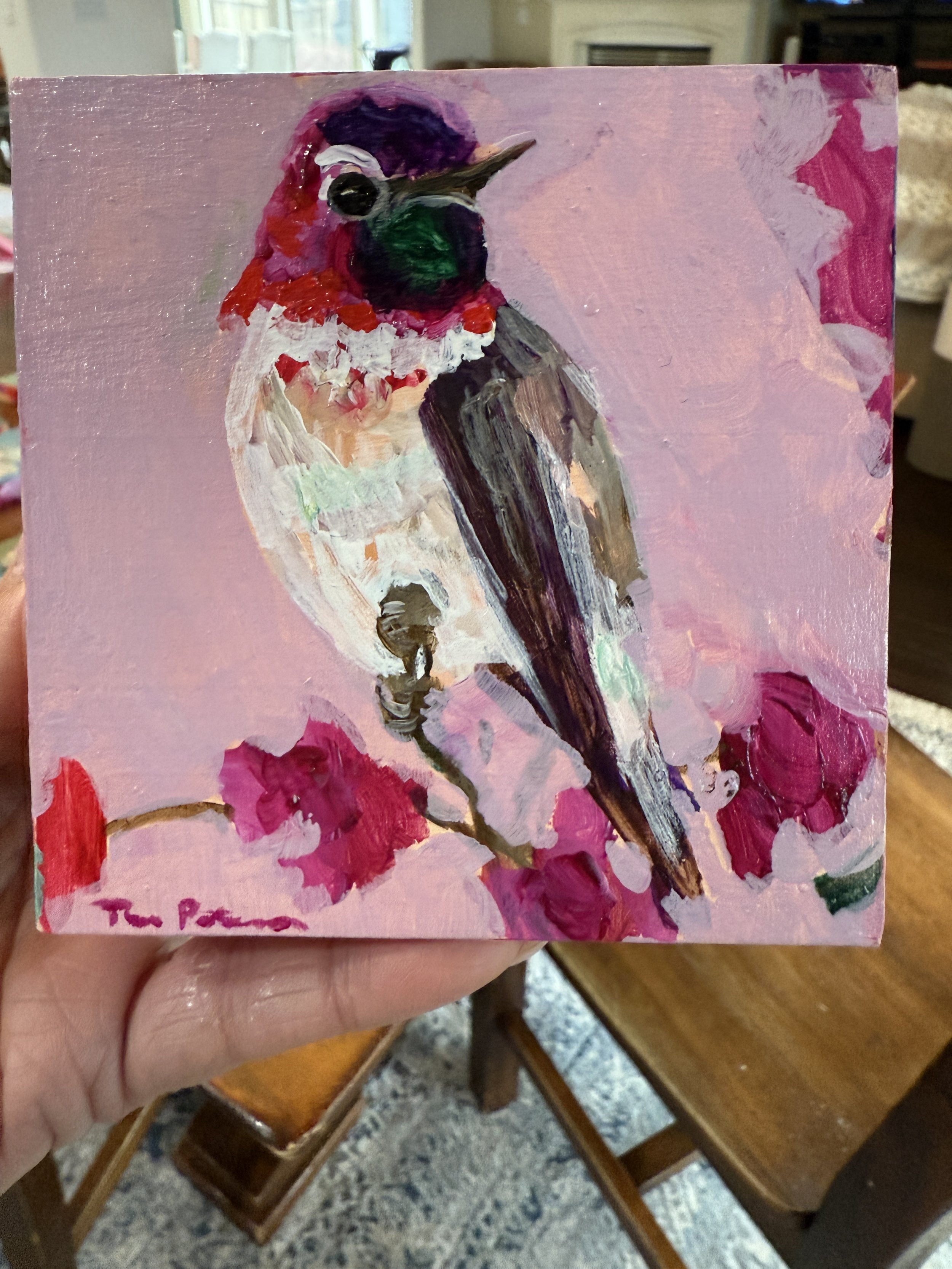 Hummingbird on Azaleas 4x4" Acrylic Painting Tina Petersen Art.JPG