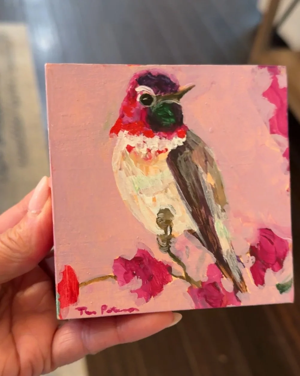 Hummingbird & Azaleas 3 4x4" Acrylic Painting Tina Petersen Art..jpg