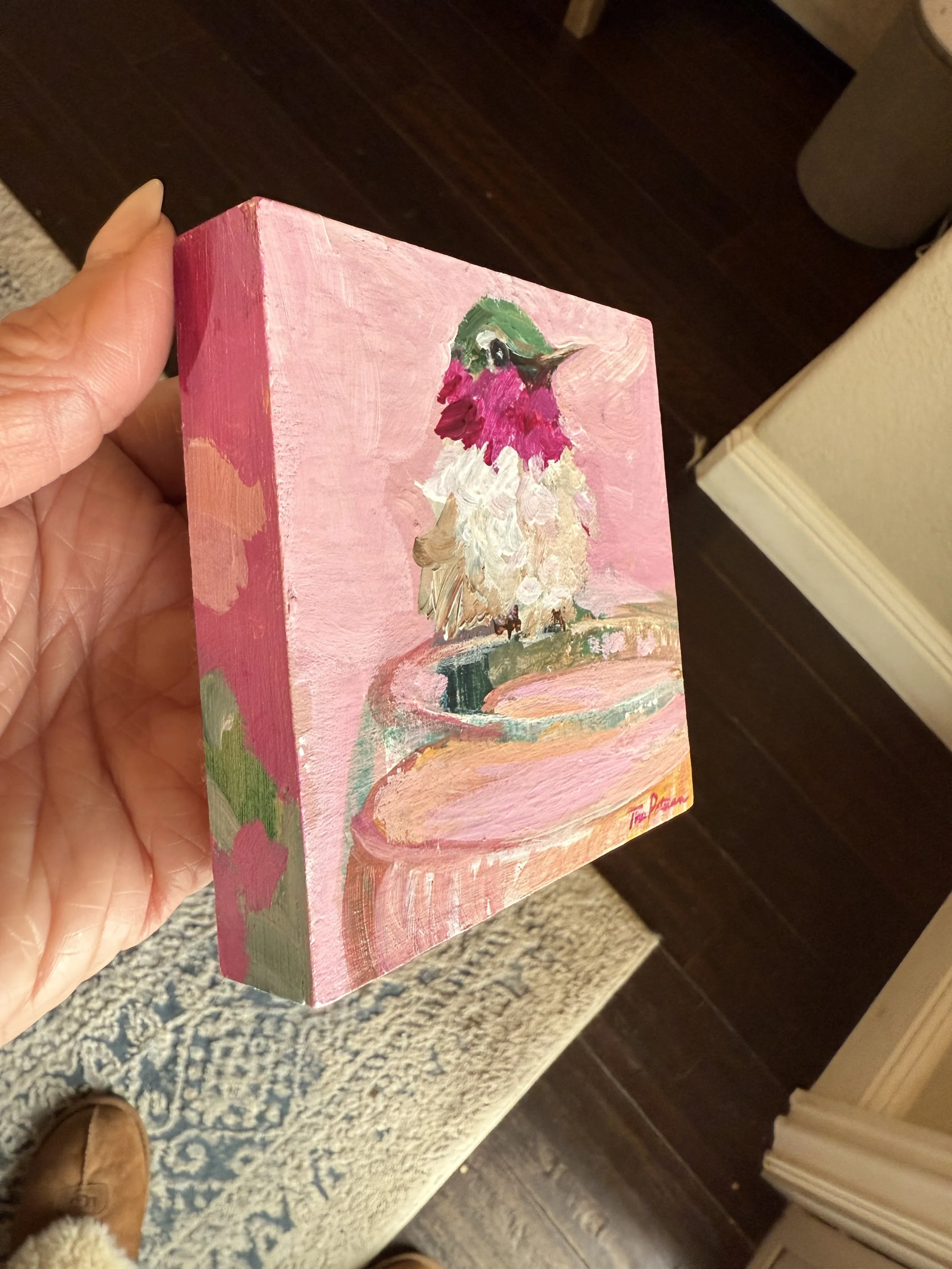 Hummingbird & Champagne Coupe Window Side 4x4" Acrylic Painting Tina Petersen Art..JPG