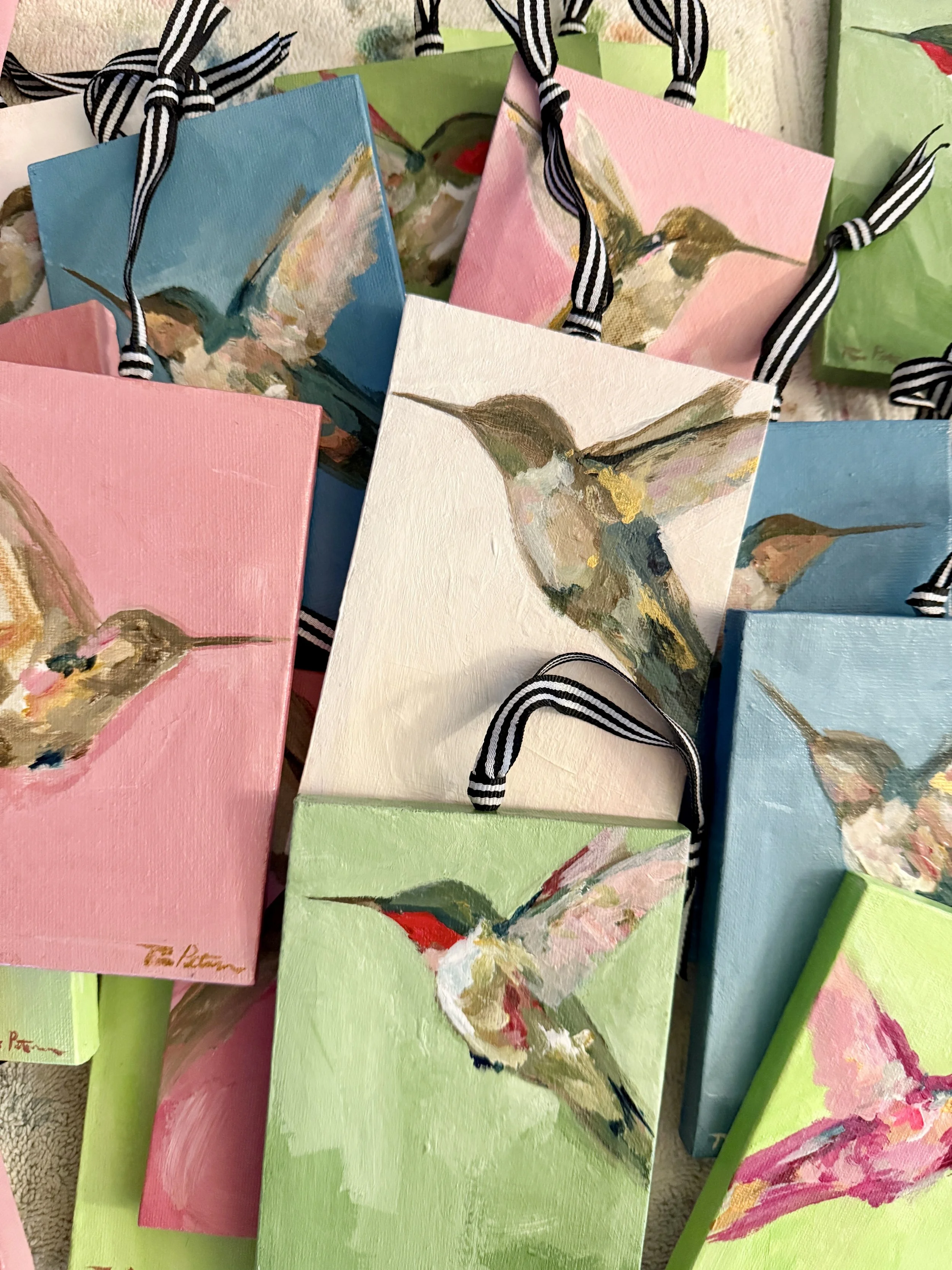 Hummingbird Painting Ornaments Group 4x6 Acrylic Canvas with Ribbon 2025 Tina Petersen Art.jpg (Copy)