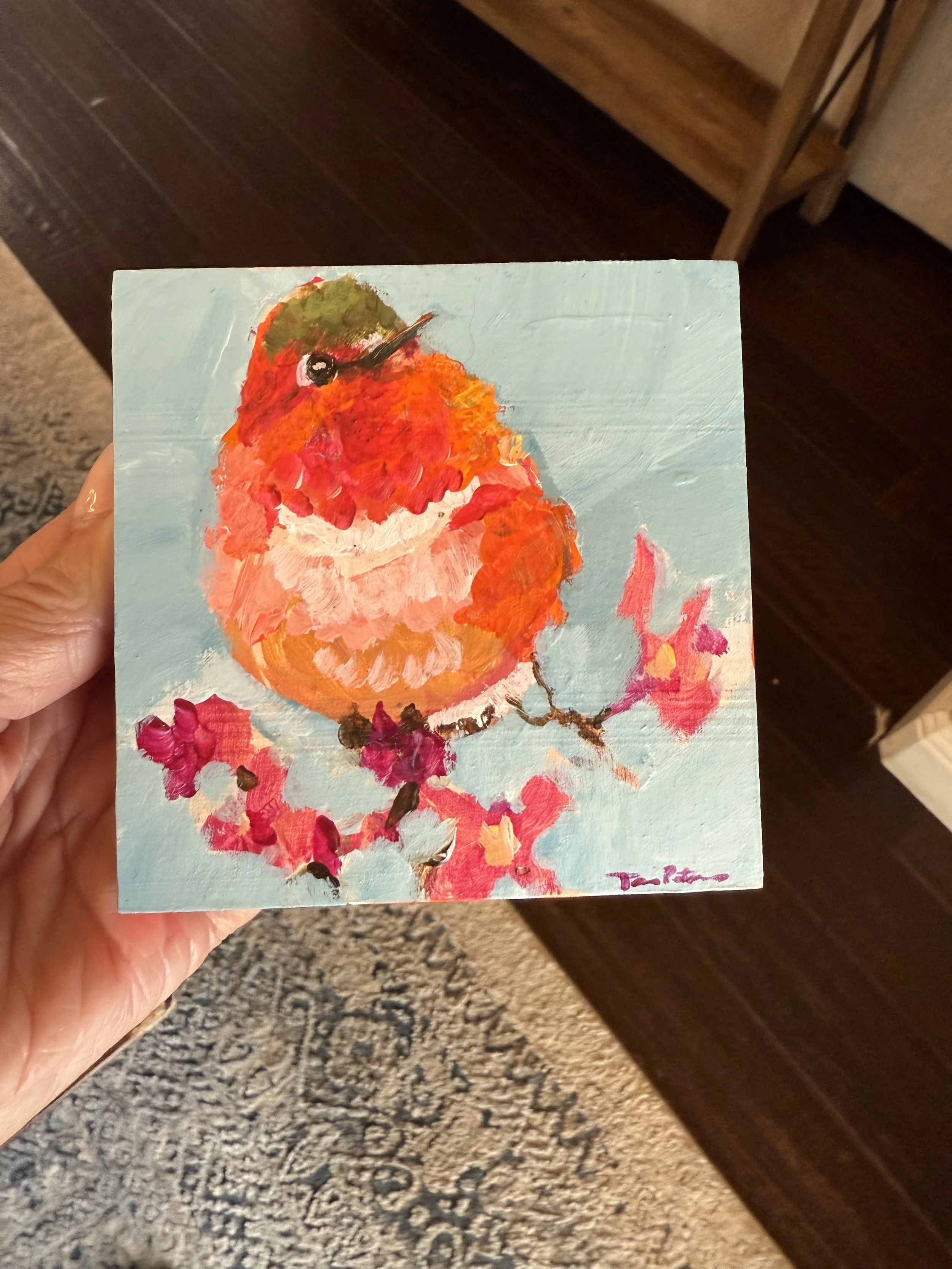 Happy Hummingbird Window 4x4" Acrylic Painting Tina Petersen Art..JPG