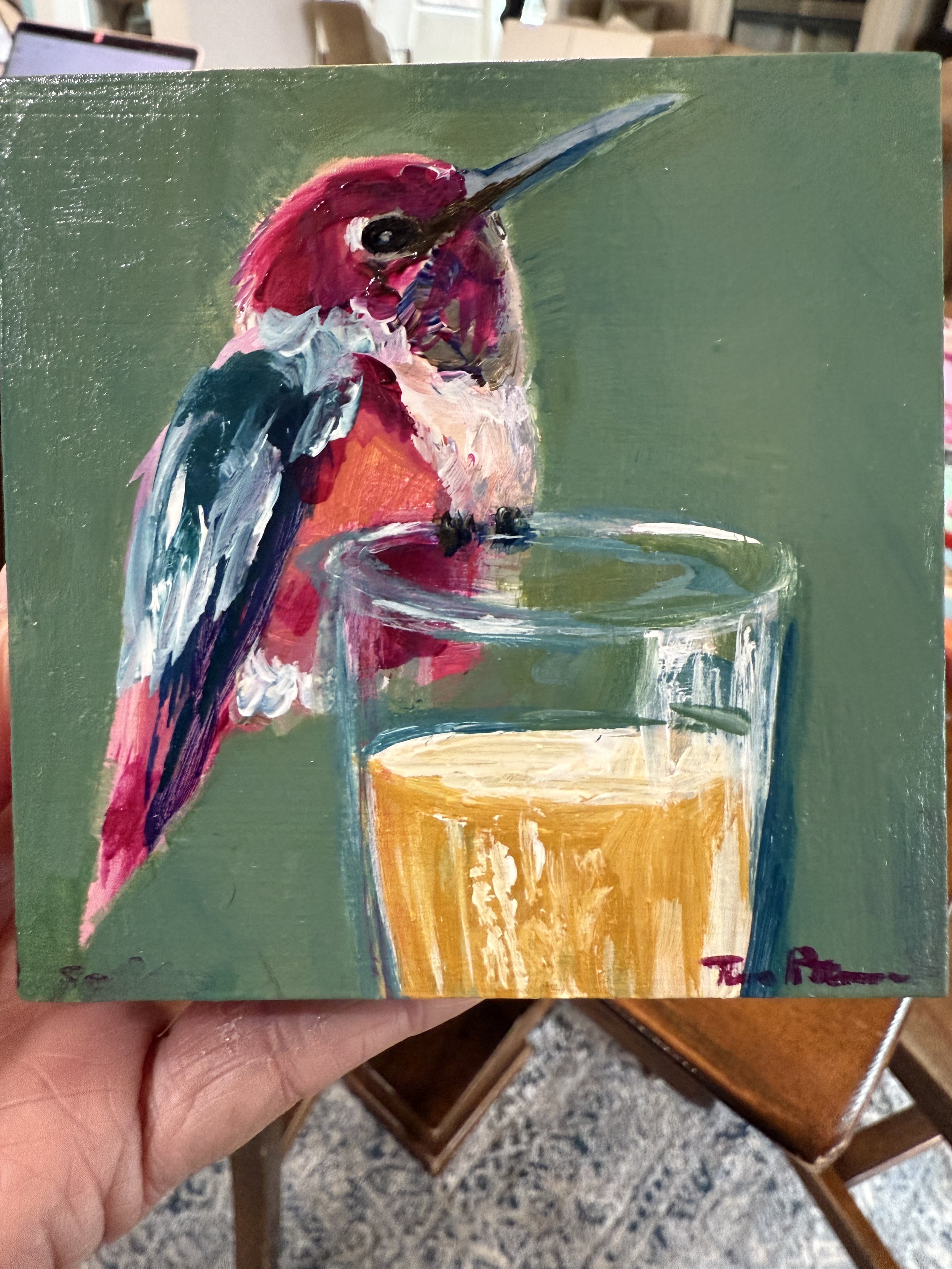 Hummingbird & Champagne 2 4x4" Acrylic Painting Tina Petersen Art..JPG