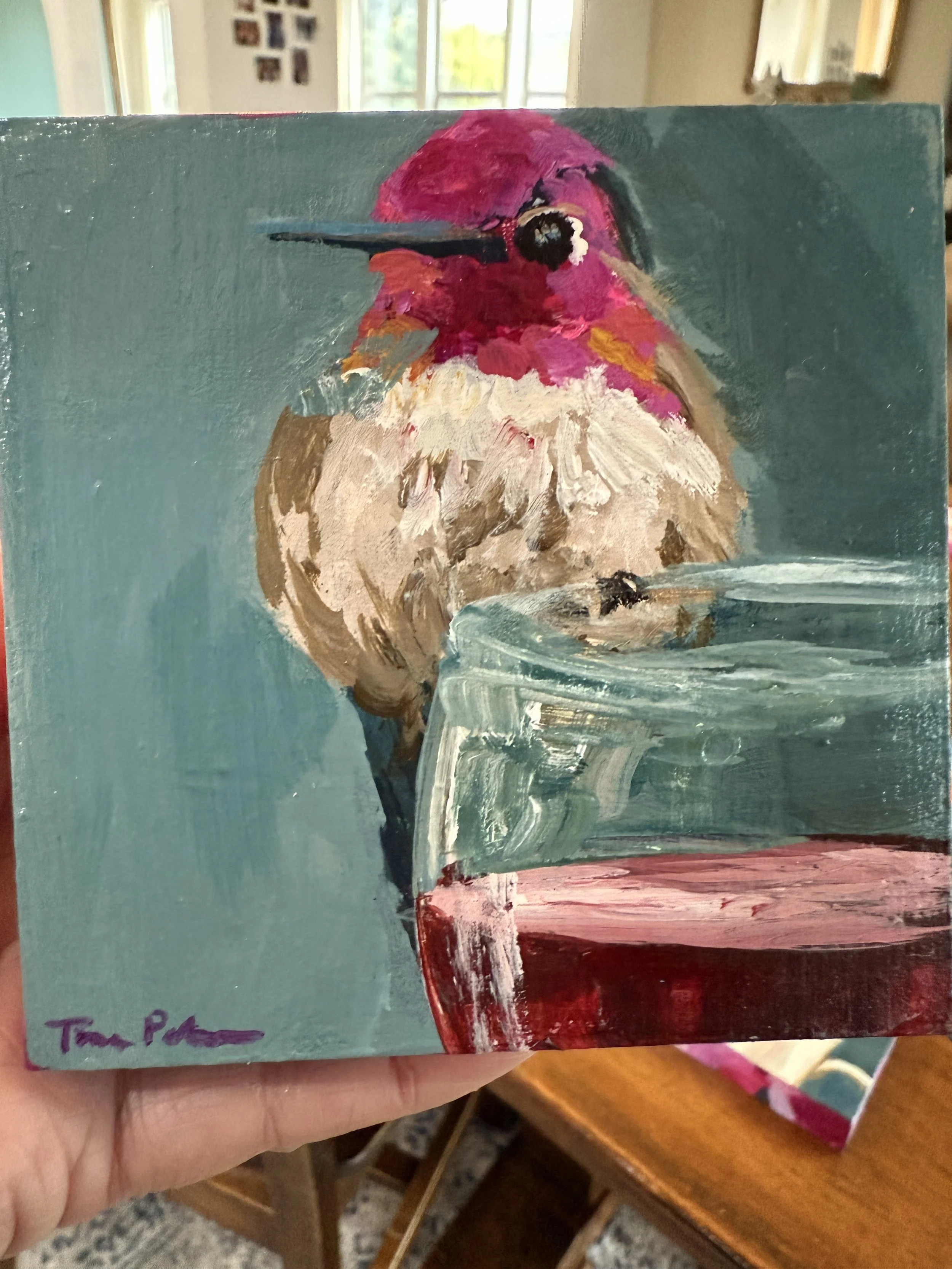 Hummingbird & Bordeaux 4x4" Acrylic Painting Tina Petersen Art..JPG