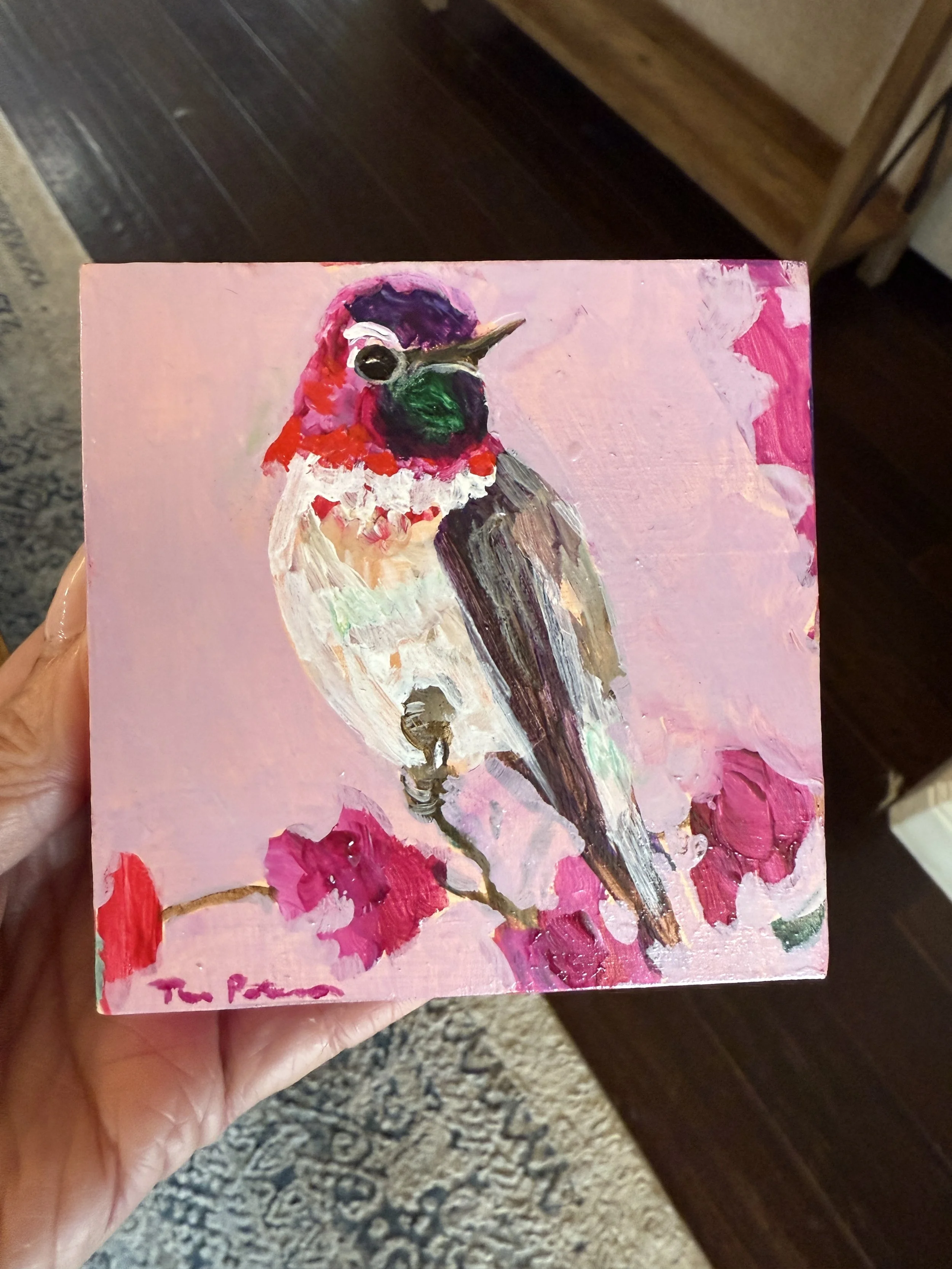 Hummingbird & Azaleas Window 4x4" Acrylic Painting Tina Petersen Art..JPG