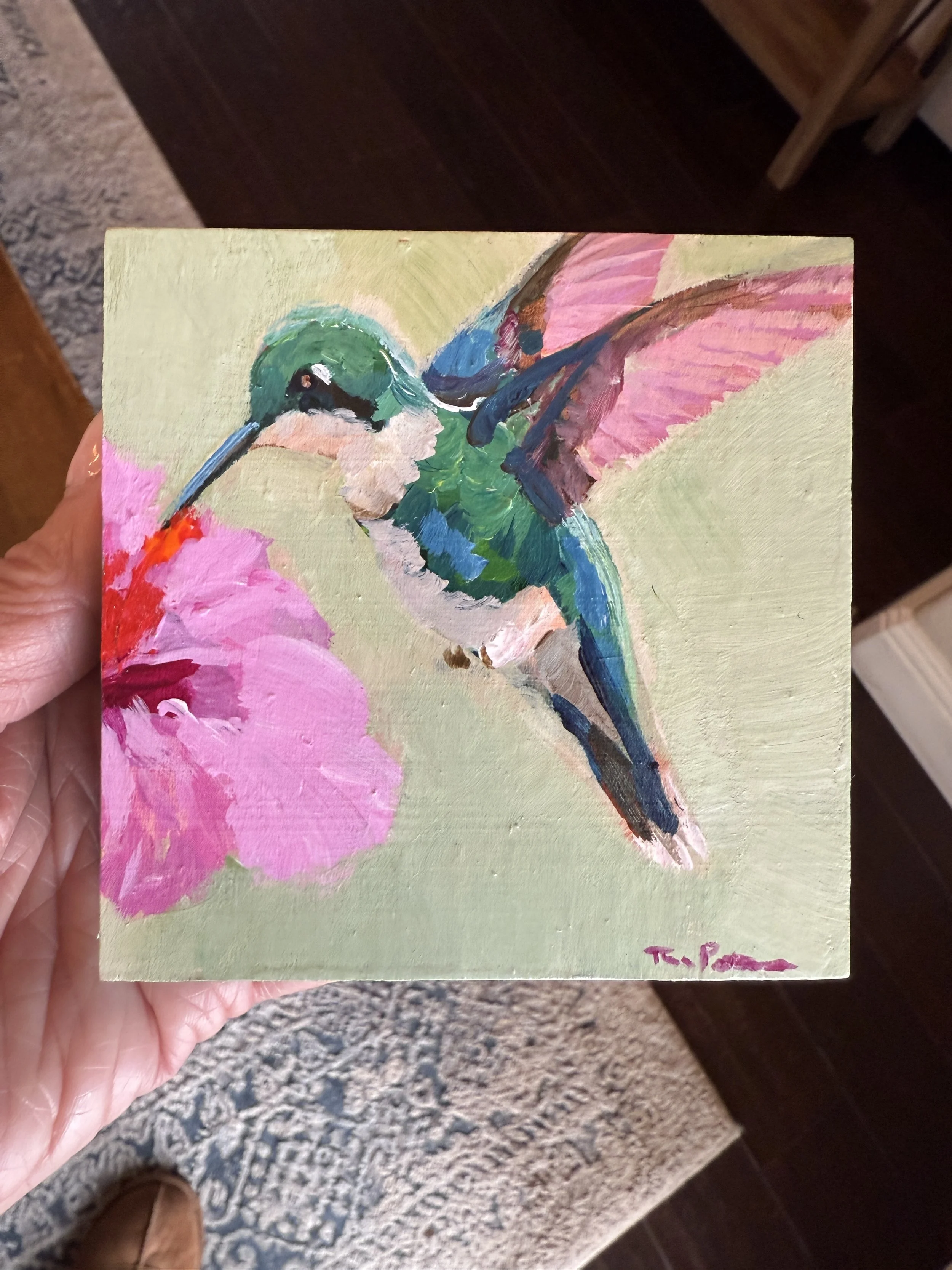 Hummingbird & Hibiscus Window 4x4" Acrylic Painting Tina Petersen Art..JPG