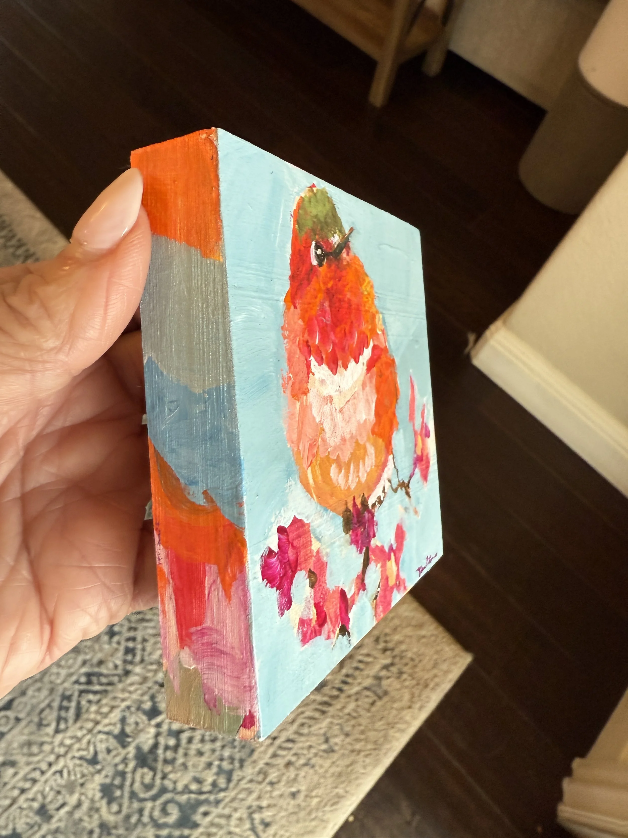 Happy Hummingbird Sideview Hummingbird 4x4" Acrylic Painting Tina Petersen Art..JPG