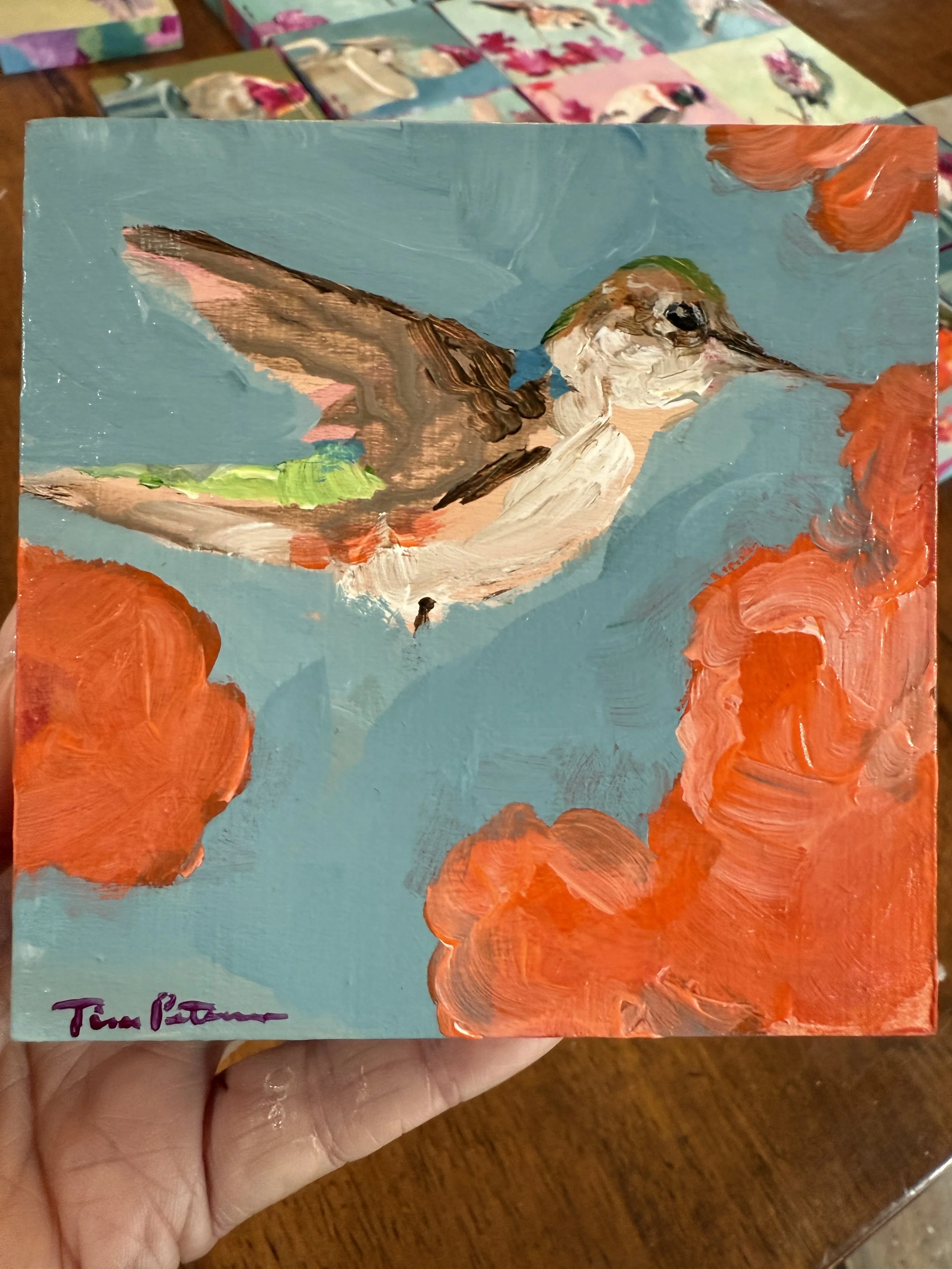 Hummingbird & Poppies 4x4" Acrylic Painting Tina Petersen Art..JPG