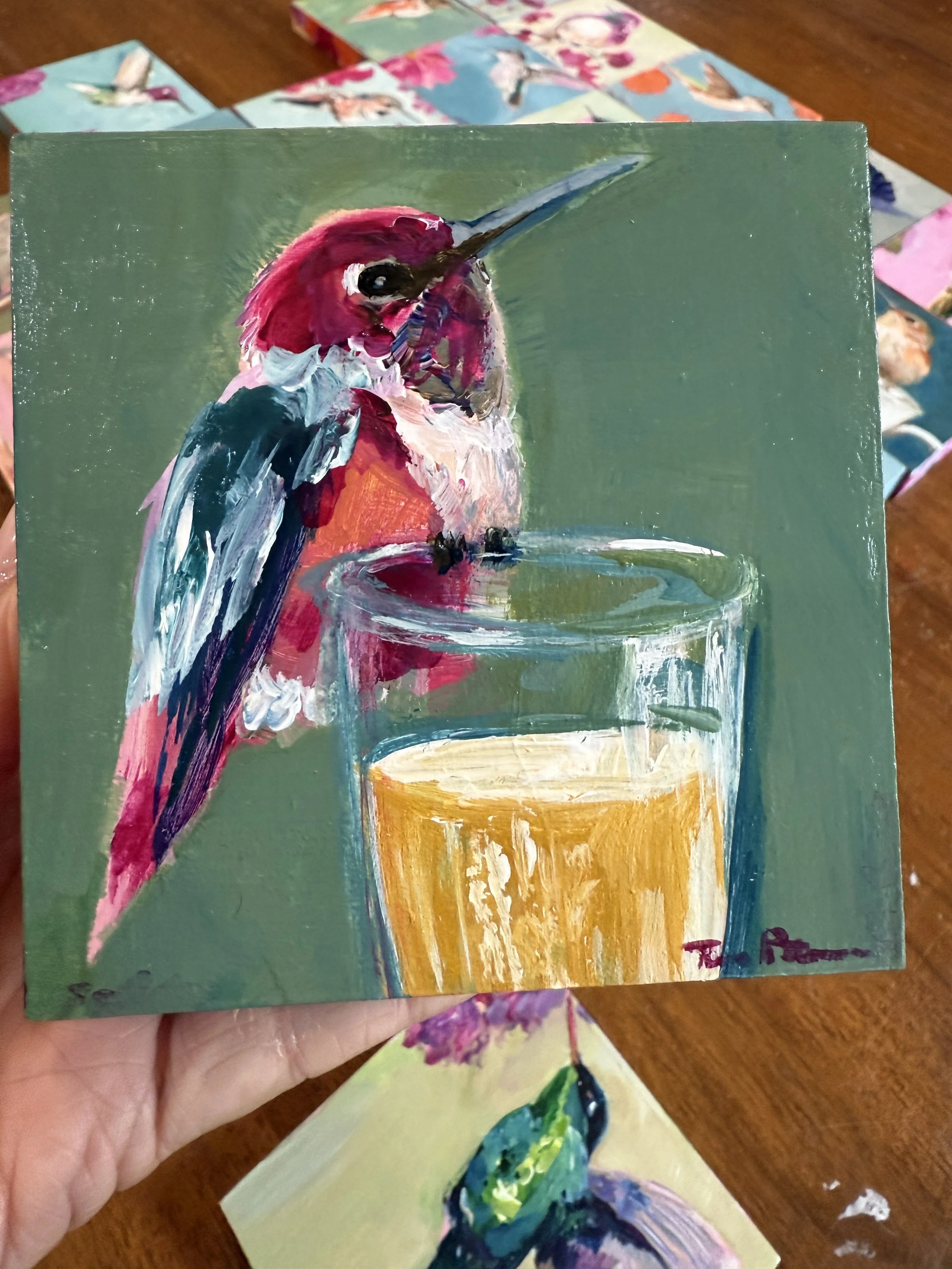 Hummingbird & Champagne 4x4" Acrylic Painting Tina Petersen Art..JPG