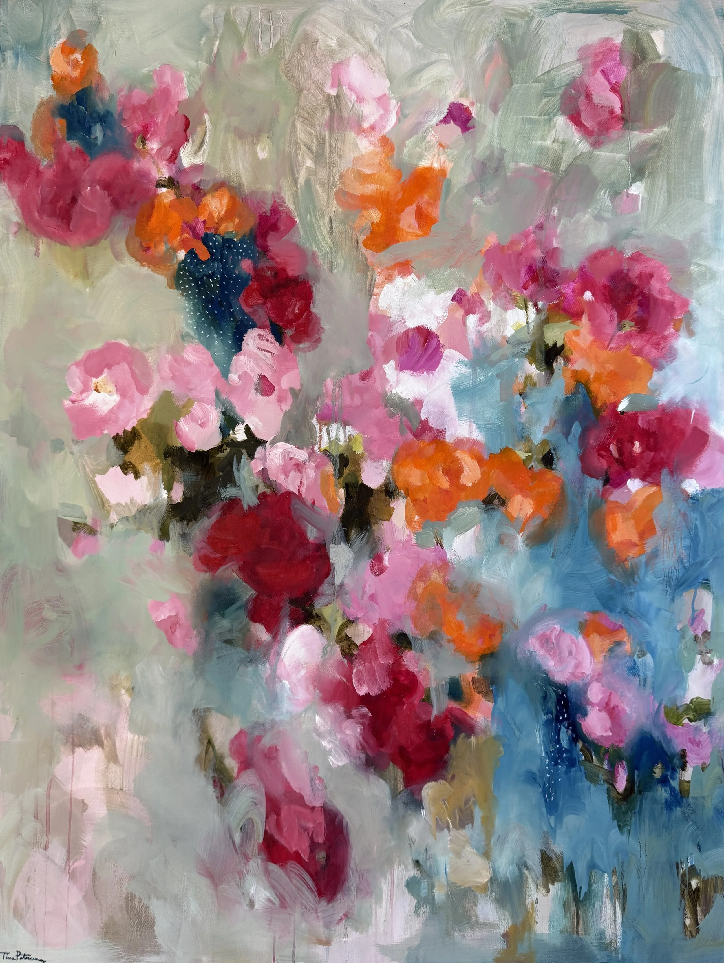 Love and Blossoms 30 x 40 inch Large colorful abstract oil painting by Tina Petersen