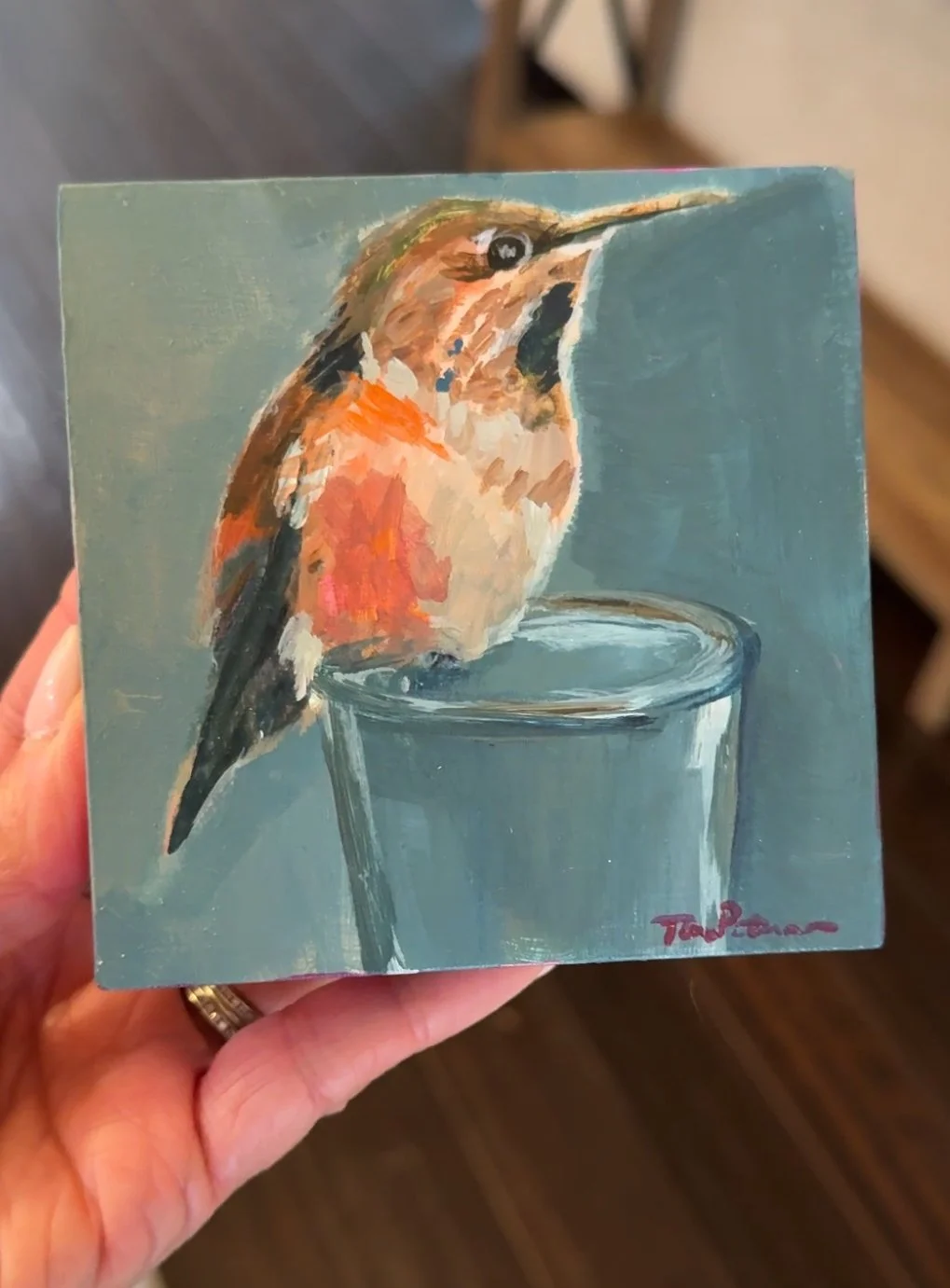 Hummingbird & a Shot Glass 2 4x4" Acrylic Painting Tina Petersen Art..jpg