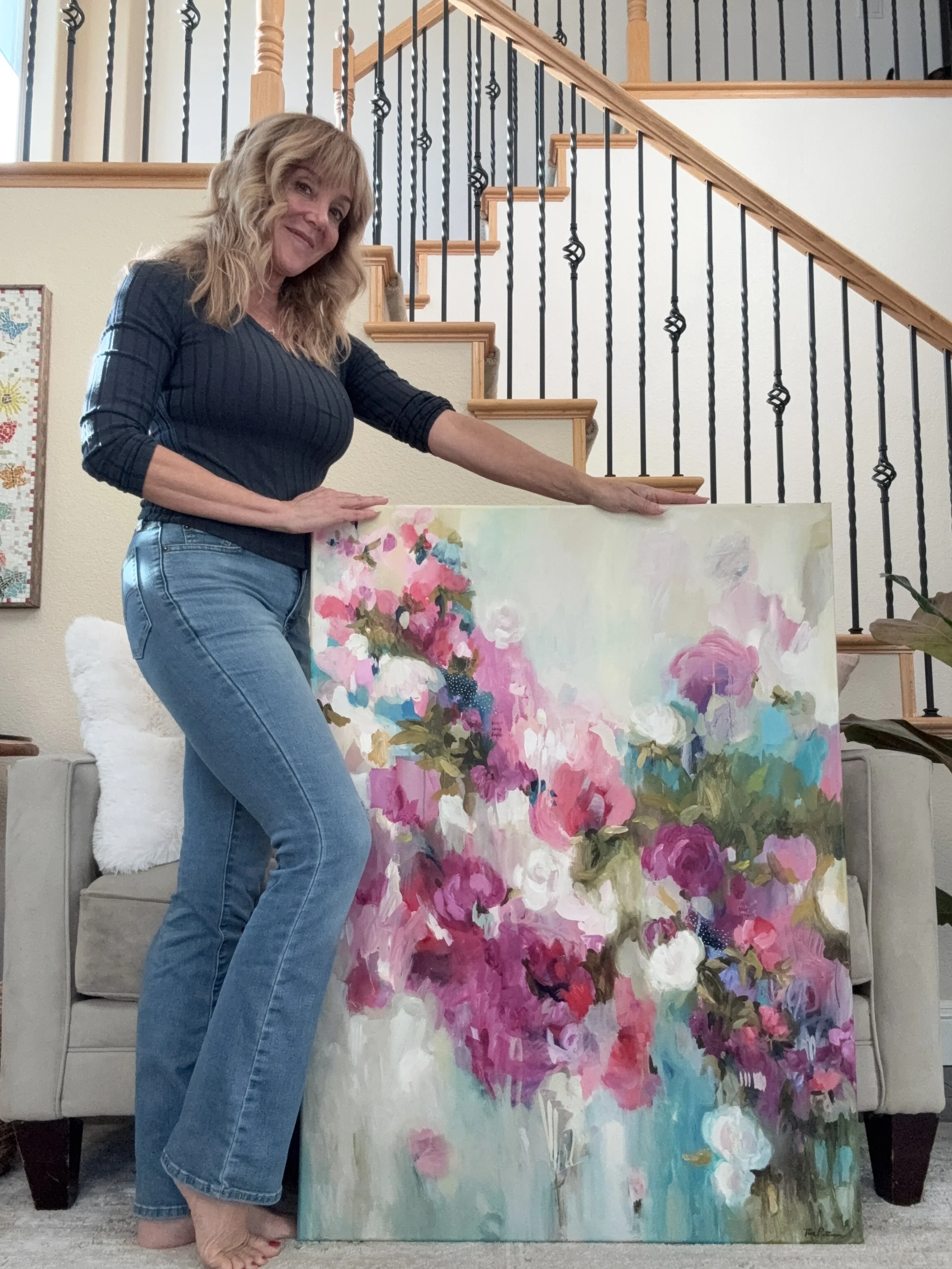 Large Floral Painting Ready for the Party 30x40" oil by Tina Petersen with me to show size.JPG