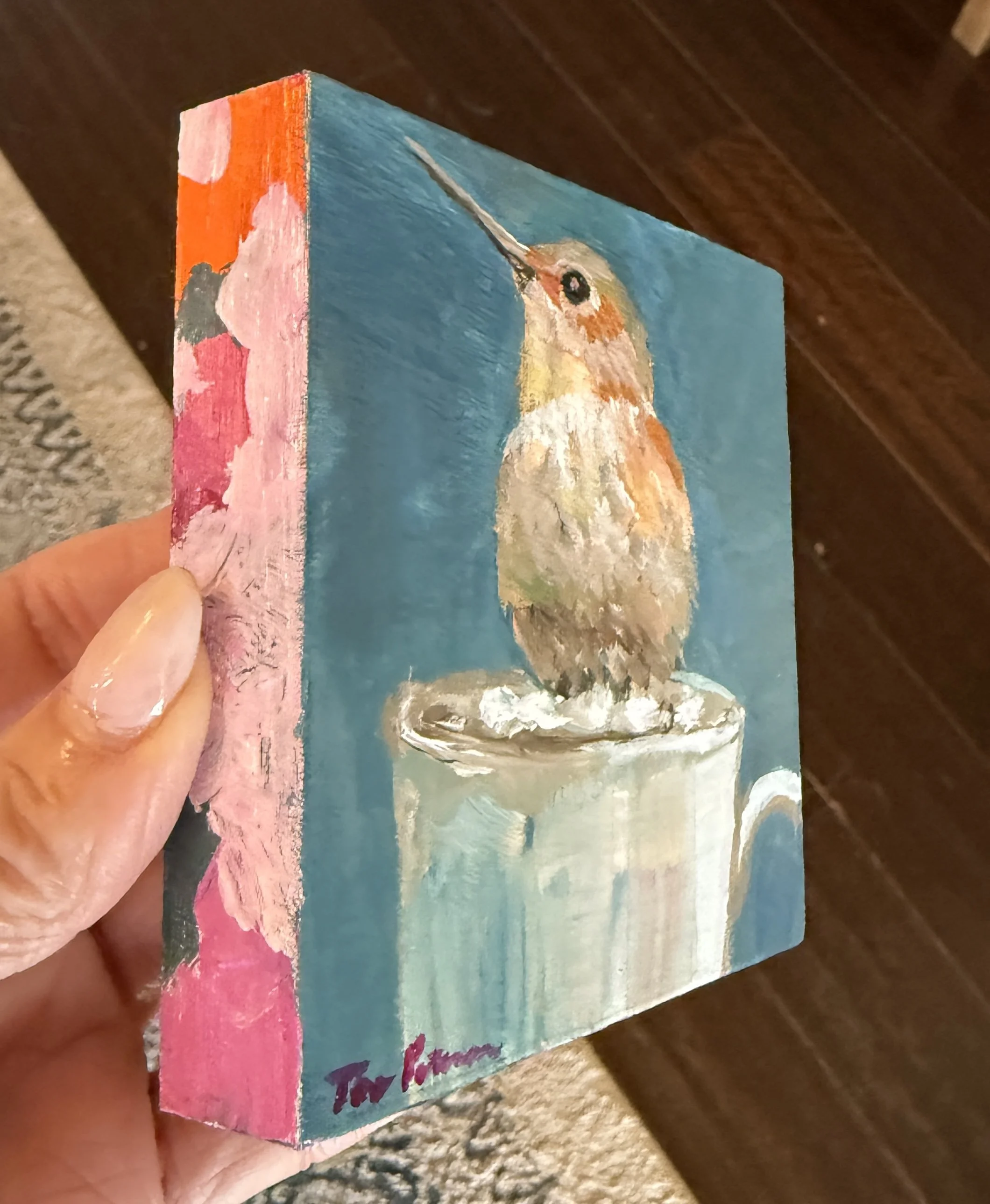 Hummingbird & Cocoa with Marshmellows Side 4x4" Acrylic Painting Tina Petersen Art..jpg
