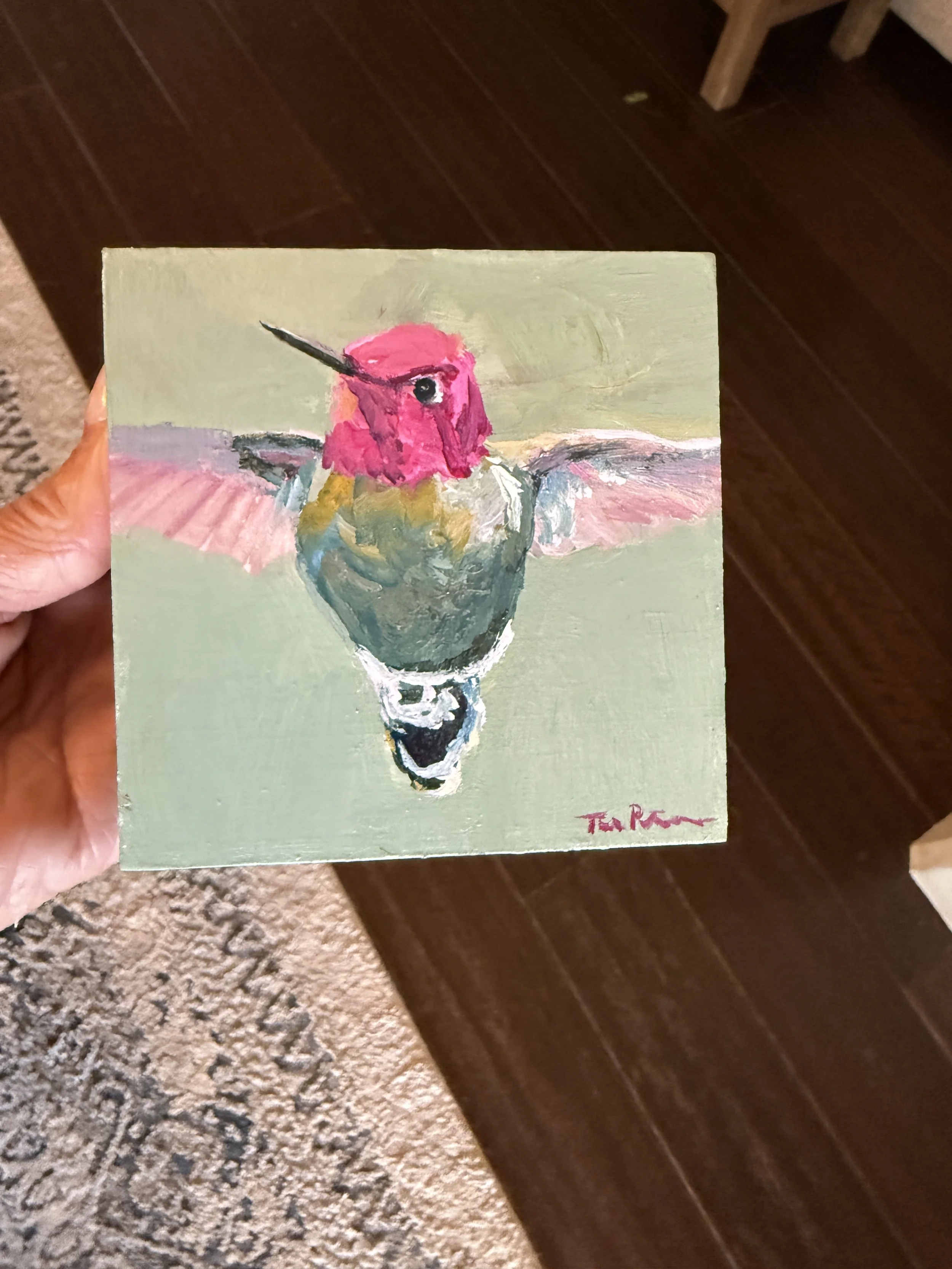 Hummingbird Painting Hanging Out 4x4" Acrylic by Tina Petersen 2025.JPG