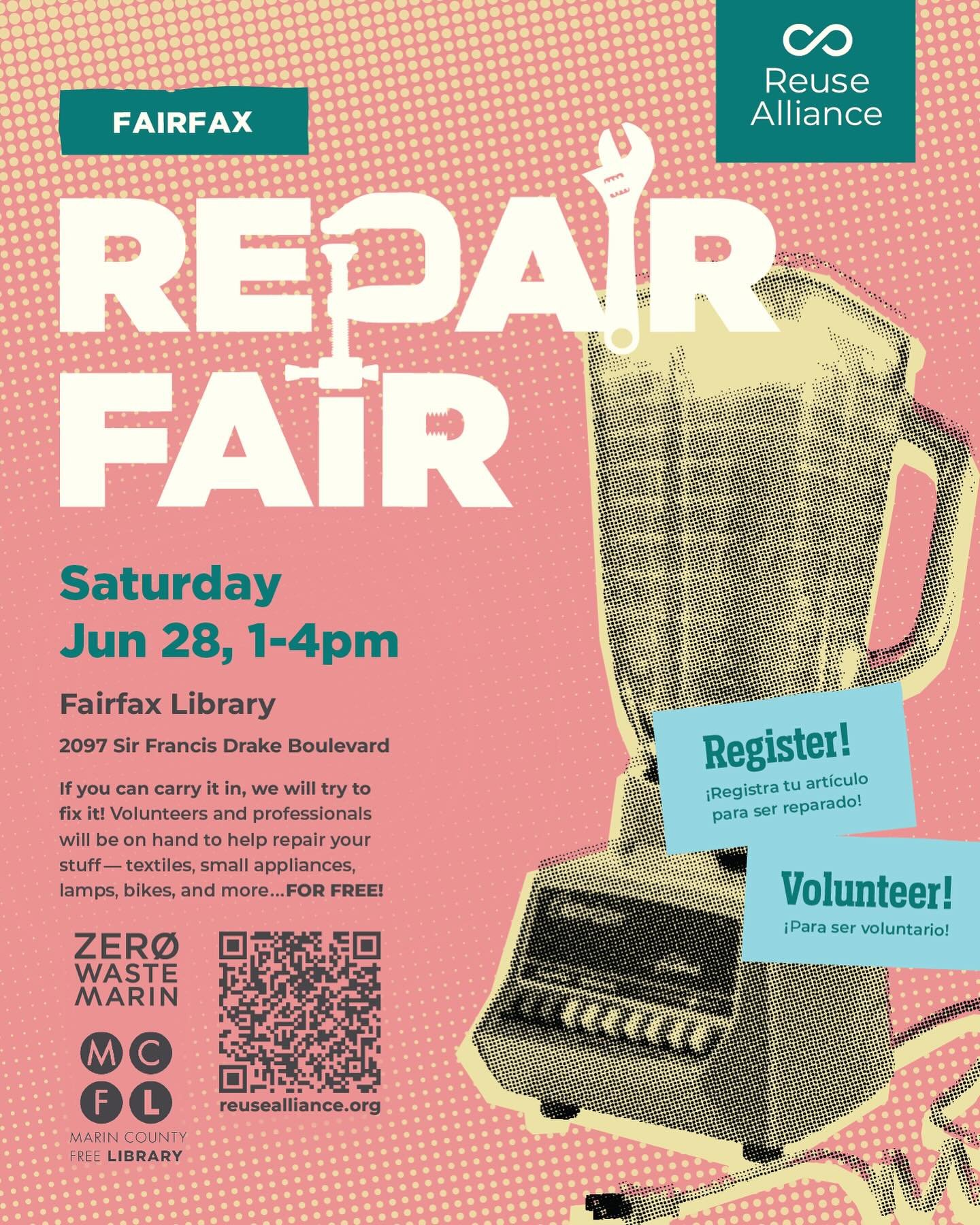 We are getting so excited for the upcoming Fairfax Repair Fair on June 28th! Join us at the Fairfax Library from 1-4pm and get your items fixed for free!

Link in bio for more event details and to pre-register your broken item.
 
Do you like fixing t