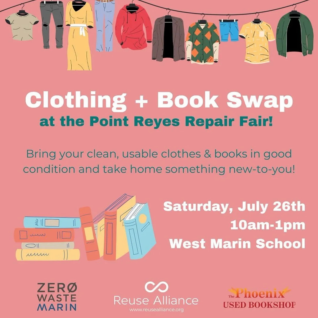 We will be hosting a Clothing + Book Swap alongside our Repair Fair next Saturday in Point Reyes!

Do you have books at home you&rsquo;ve already enjoyed? Bring them to swap - or simply go donate! All types of books in good, readable condition are we