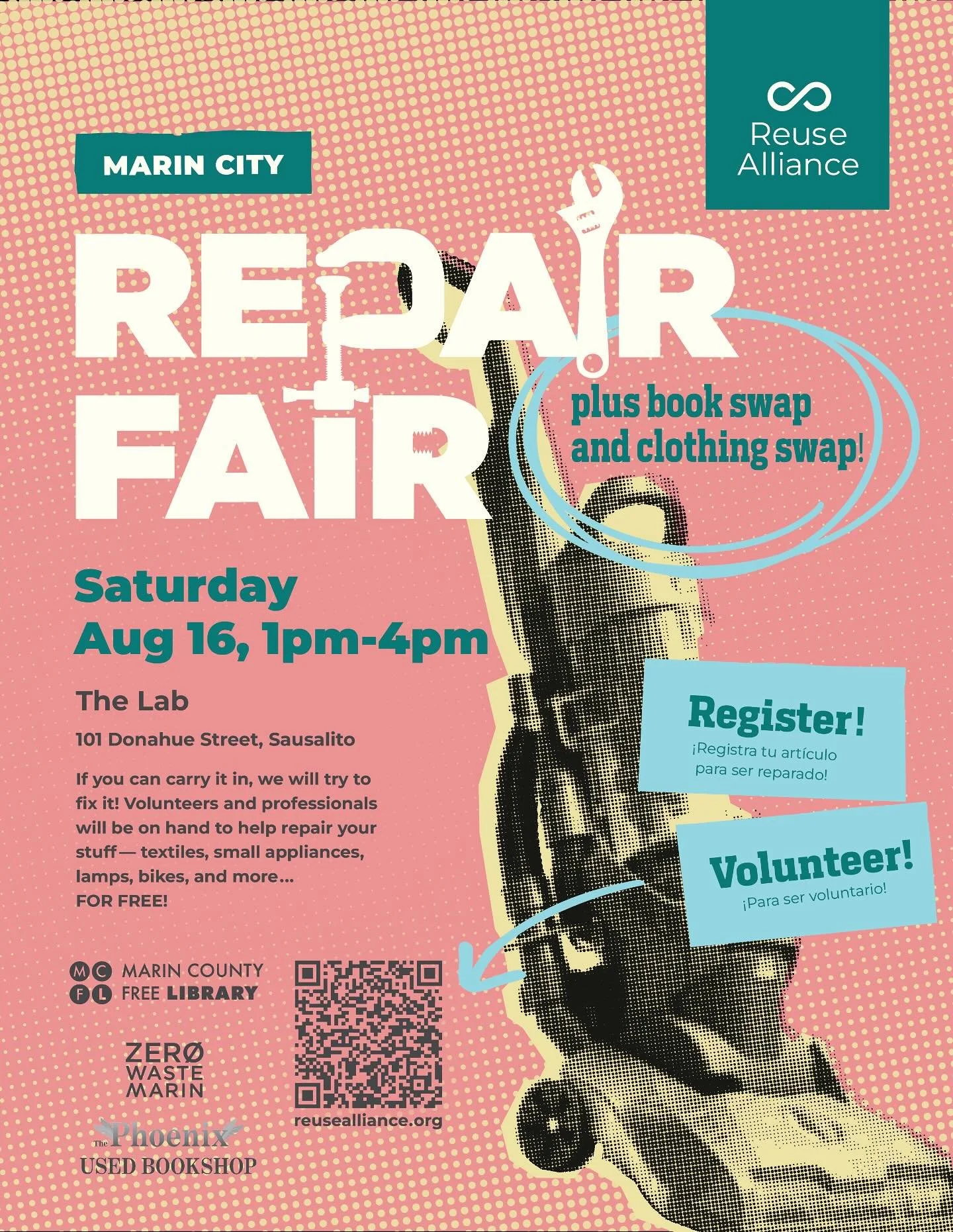 Join us in Marin City on August 16th for another Repair Fair! From 1-4pm, bring in your broken items and get them fixed (free of charge!) by our amazing repair coaches. 

This event will also feature a clothing swap and book swap in partnership with 