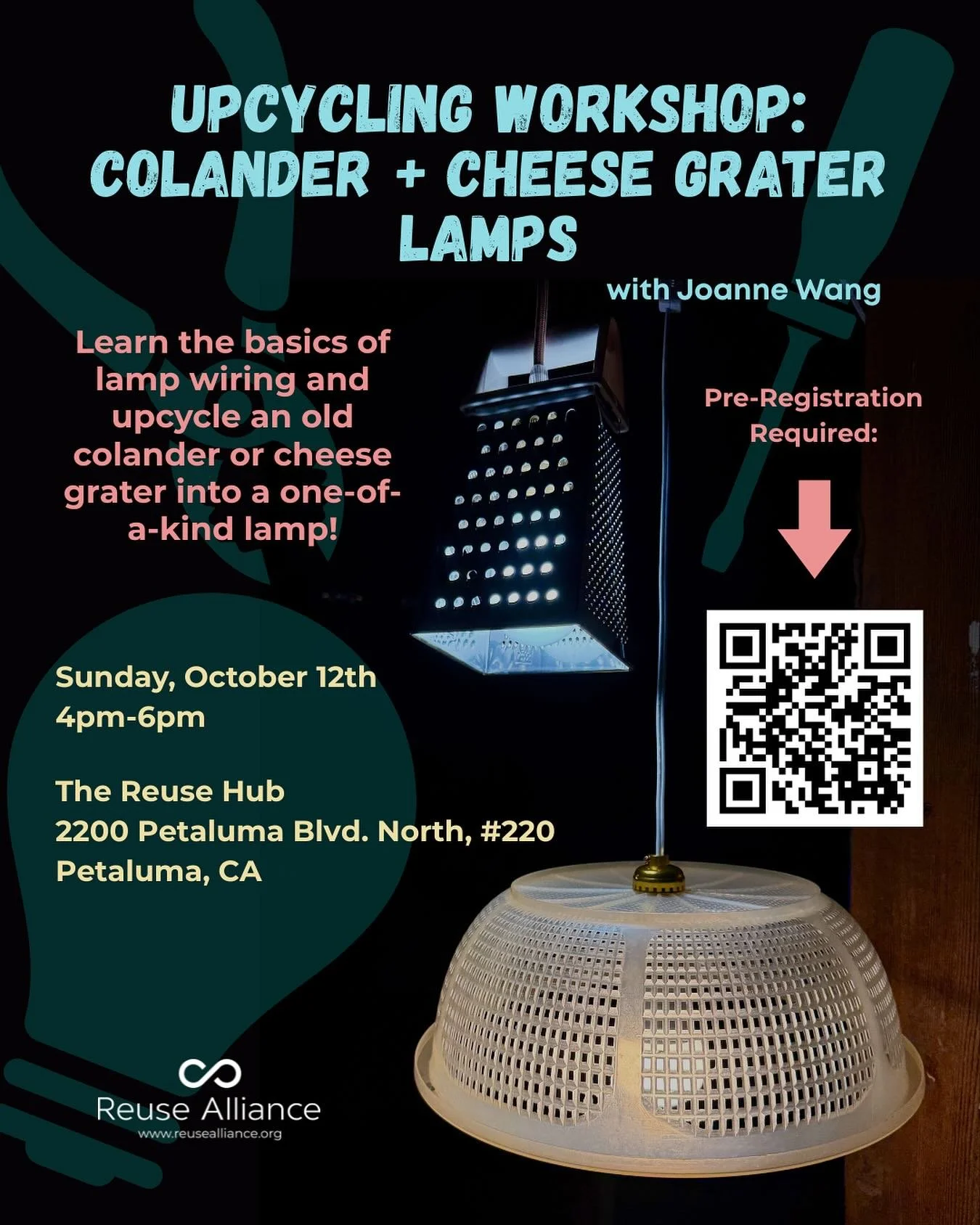 Join us for the Reuse Hub&rsquo;s FIRST workshop! At this hands-on workshop, you&rsquo;ll learn how to upcycle an old colander or cheese grater into a one-of-a-kind lamp. We&rsquo;ll walk you through the basics of wiring and assembling lamp component