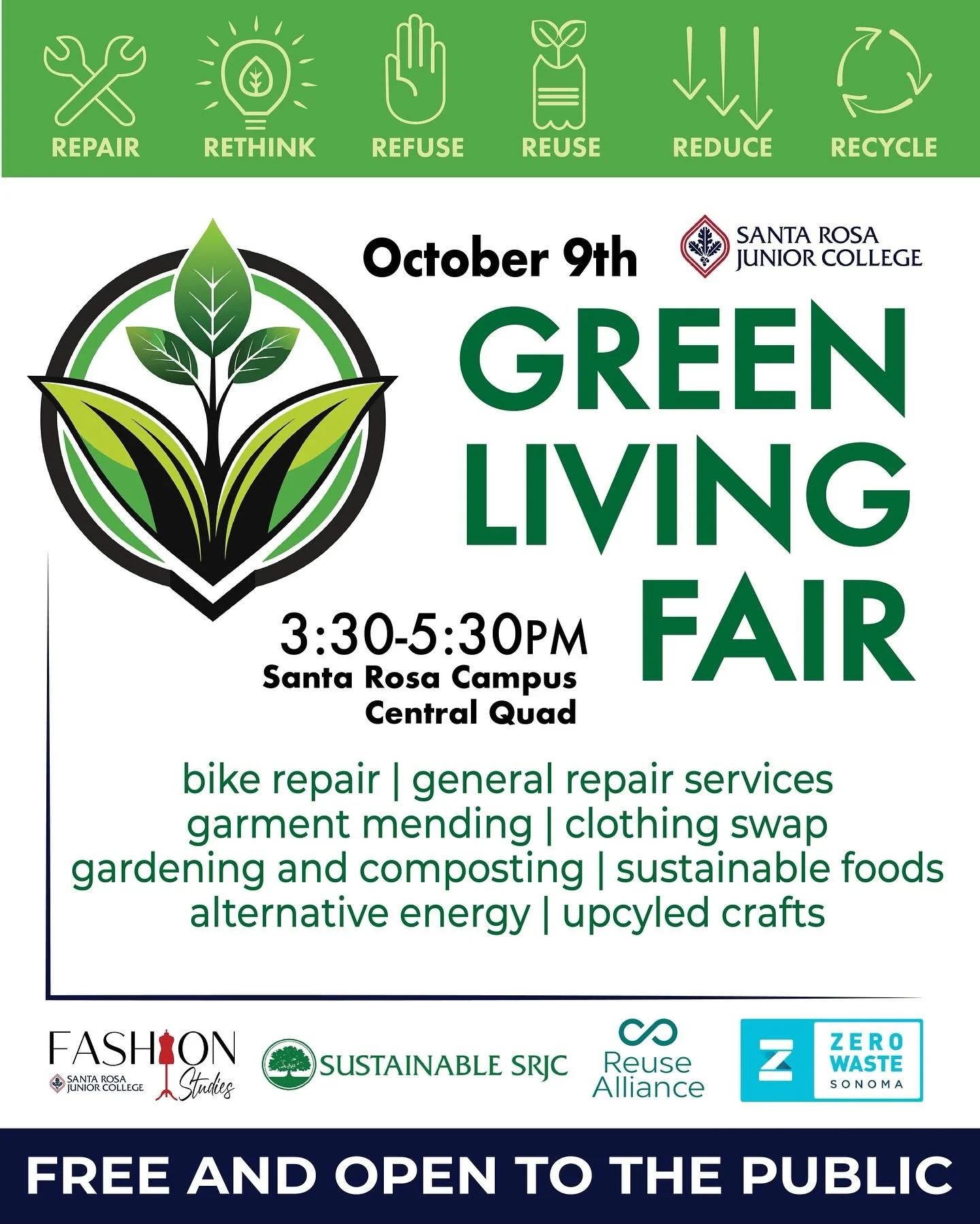 Come check out the Green Living Fair at Santa Rosa Junior College on October 9th from 3:30-5:30pm. 

Discover sustainable living practices with bike repair, clothing swaps, mending, and more from SRJC clubs and local groups.

Pre-register your clothi