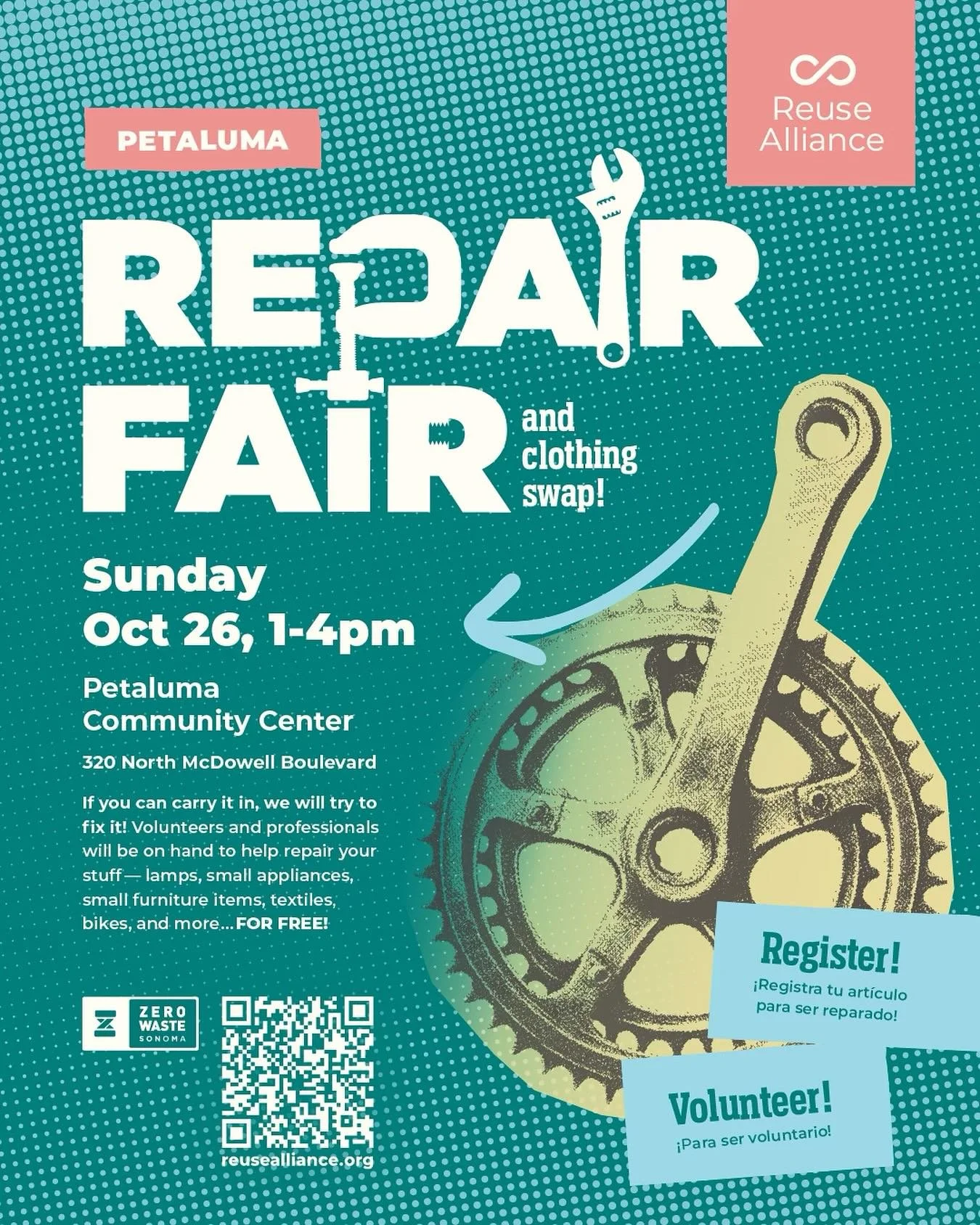 Petaluma! Bring your broken or worn-out items and give them a second life, all for FREE!
🧰 Lamps, small appliances, bikes, textiles, and more. If you can carry it, we&rsquo;ll try to fix it.

📅 Sunday, Oct 26 from 1&ndash;4 p.m.
📍 Petaluma Communi