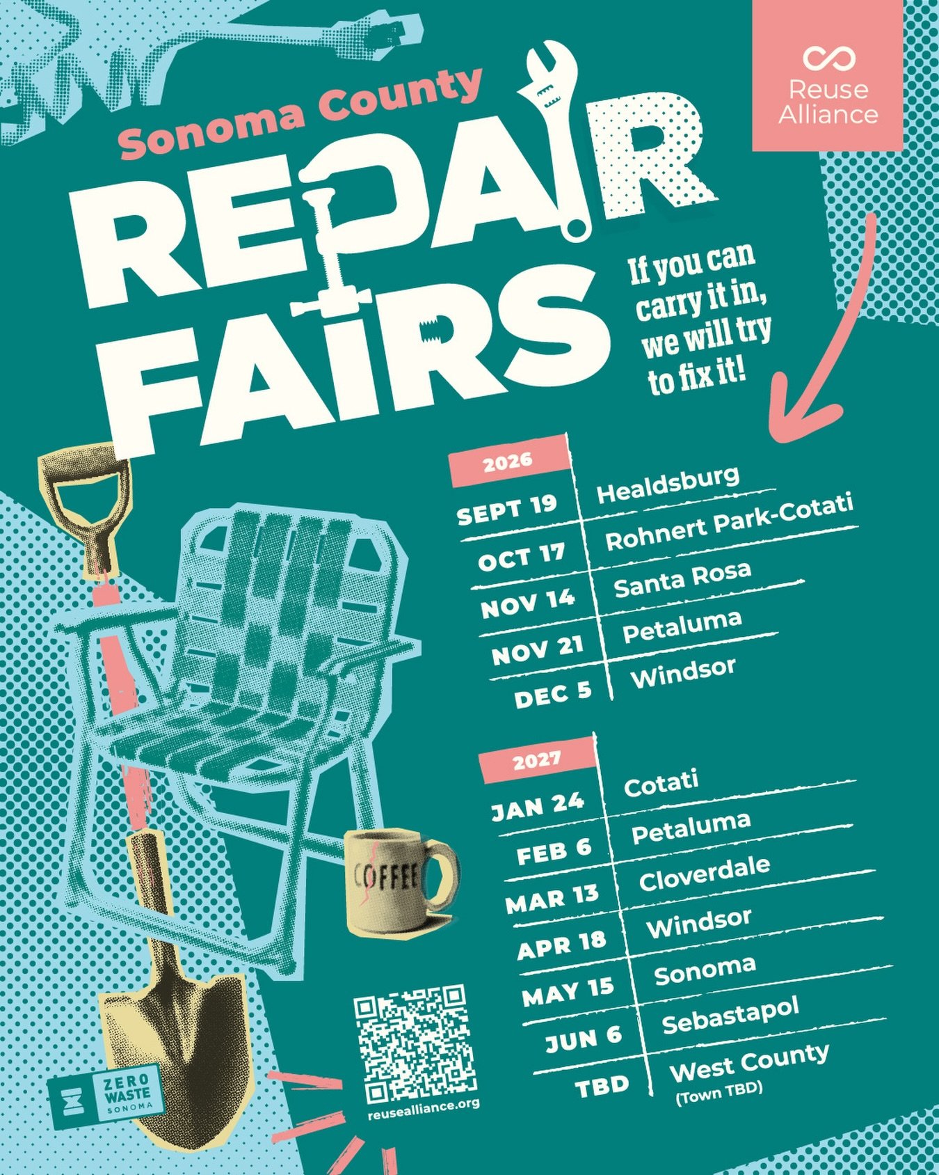 Sonoma County, we&rsquo;ve got an exciting update for you! Here is the schedule for our confirmed Repair Fair dates for the upcoming 2026-2027 season. 

Last in year in Sonoma County we hosted 11 events with 6 swaps and from that, avoided 24,111 kg o
