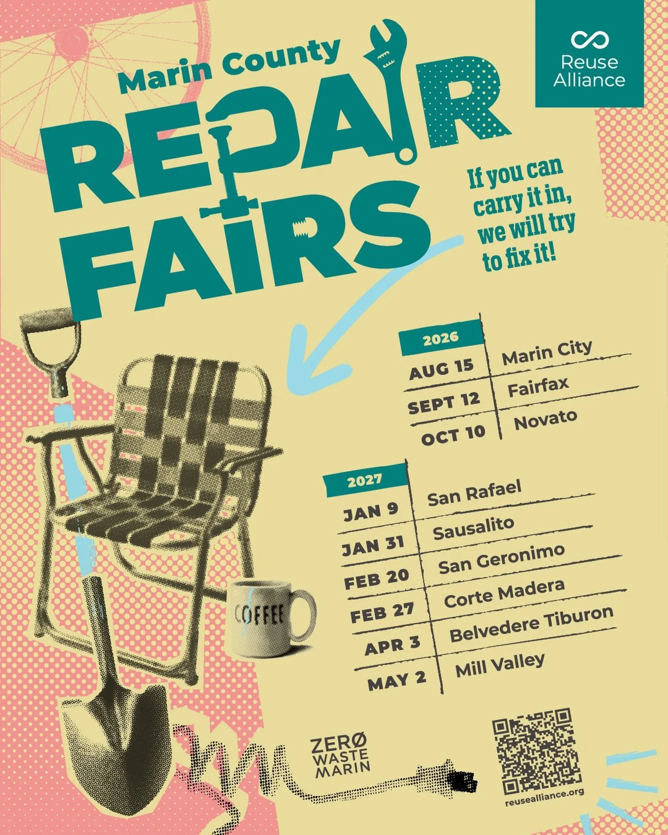 Now for Marin County! Here is the full list of our future Repair Fairs that will be held around Marin counties.

We can&rsquo;t wait to beat our impact from last year! Last year we hosted 9 Repair Fairs, leading to 3,186.6 lbs of kept out of the land