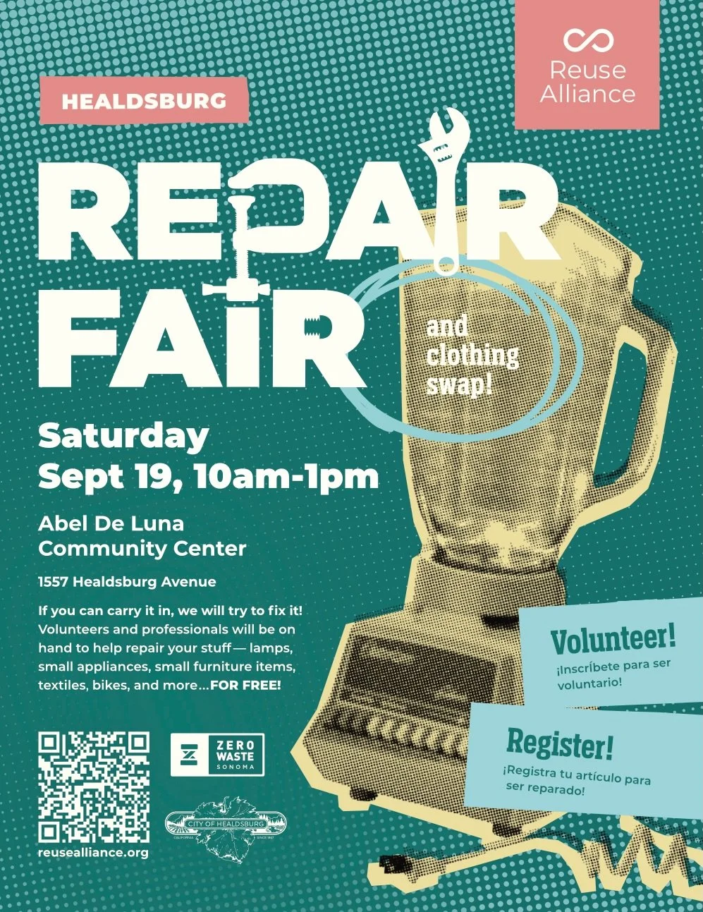 The Healdsburg Repair Fair is coming soon! On September 19th from 10-1pm we&rsquo;ll be at the Abel De Luna Community Center to fix your broken items for free. 

Be sure to pre-register* your items and sign up to volunteer through the 🔗 in our bio.
