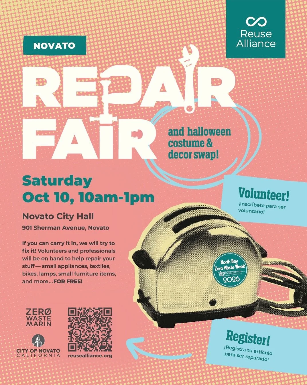 The Novato Repair Fair is coming up on Saturday October 10th from 10am-1pm at the Novato City Hall! 

Bring in your broken items to get them fixed for free and browse the Halloween costume &amp; decor swap to take home new-to-you Halloween things 🎃
