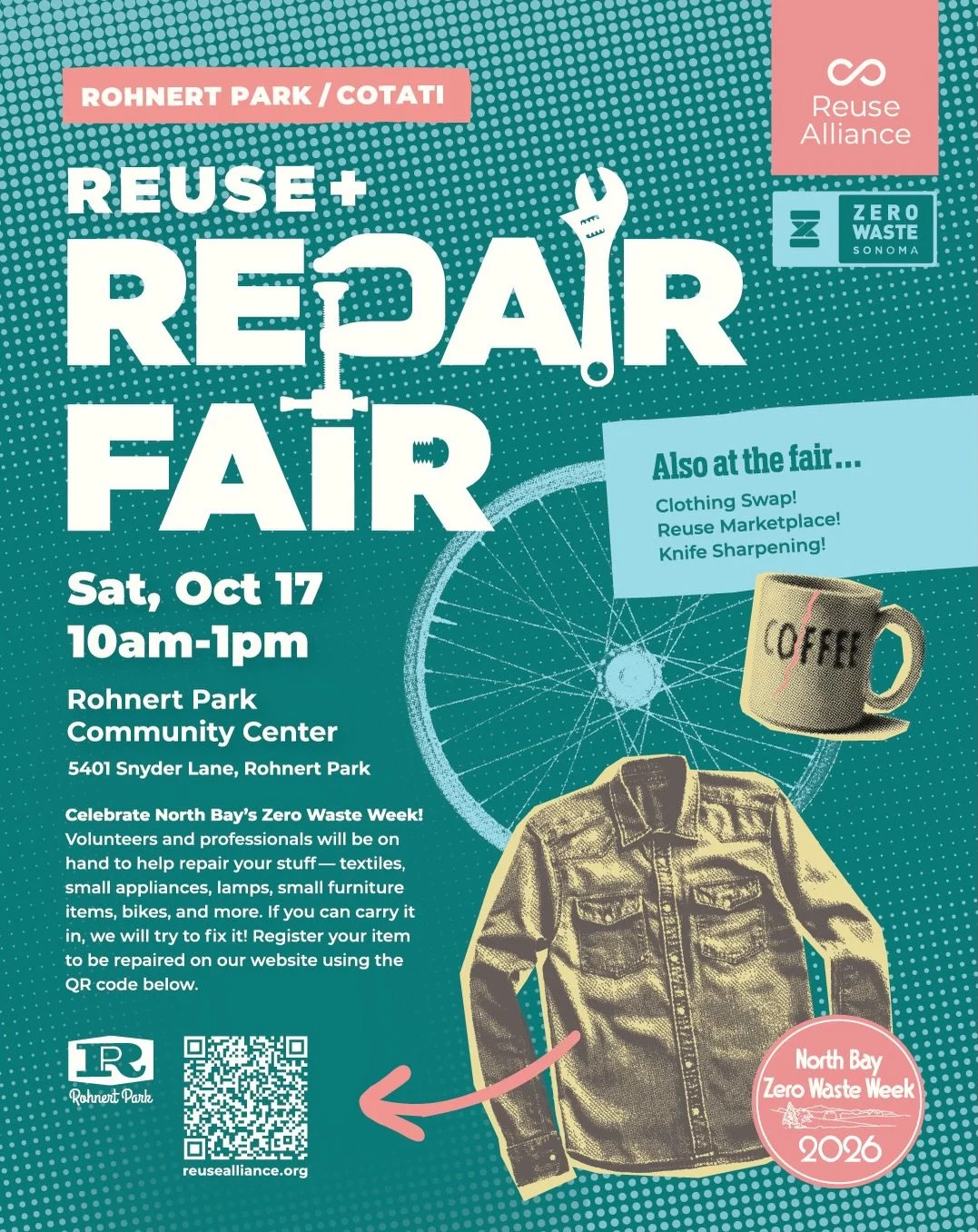 The Rohnert Park Cotati Reuse + Repair Fair is happening soon! This Repair Fair will include tabling from different organizations, knife sharpening, AND a clothing swap so you can&rsquo;t miss it.

We&rsquo;ll be at the Rohnert Park Community Center 