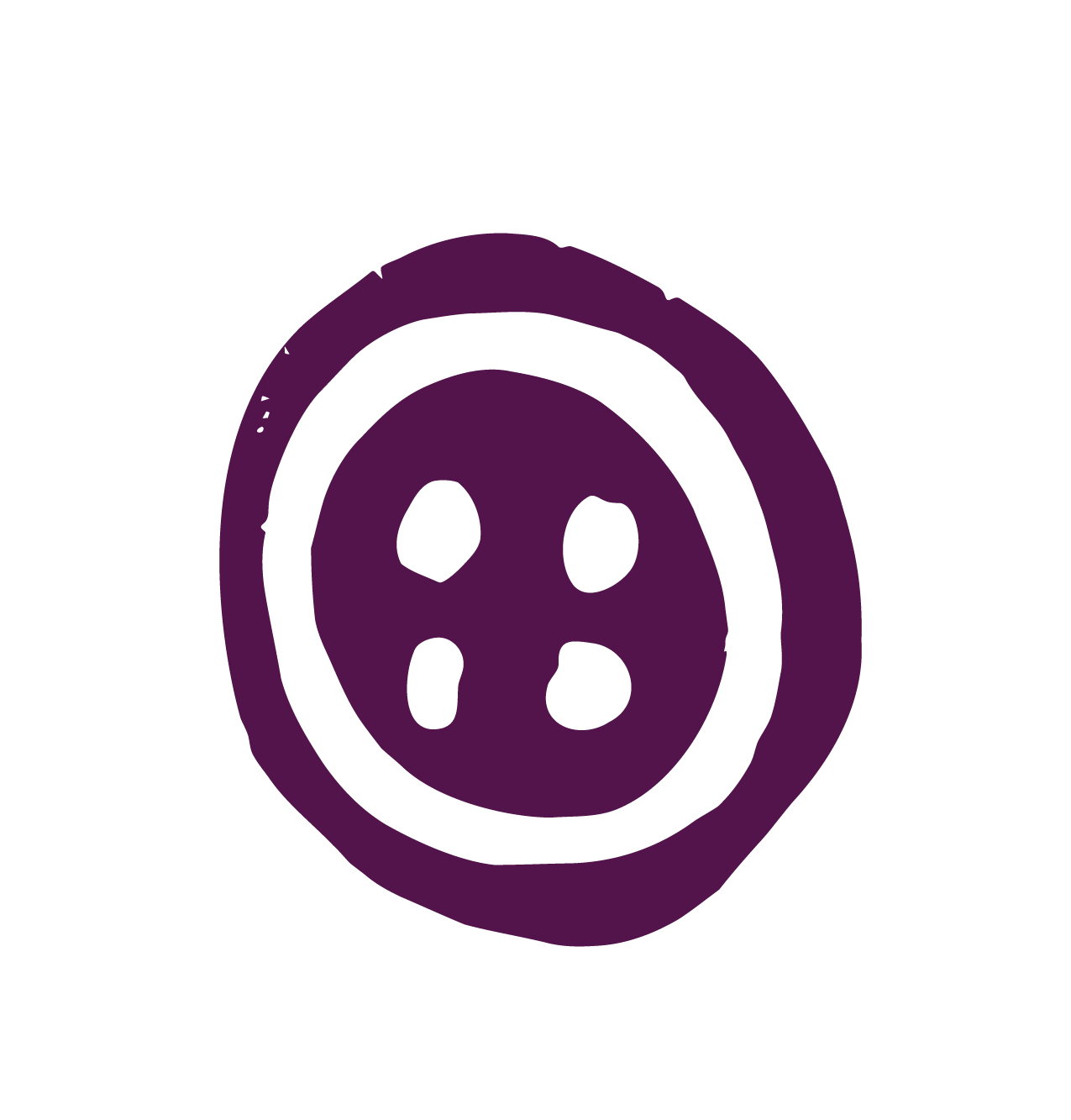 Hand-drawn dark purple sewing button icon with four holes