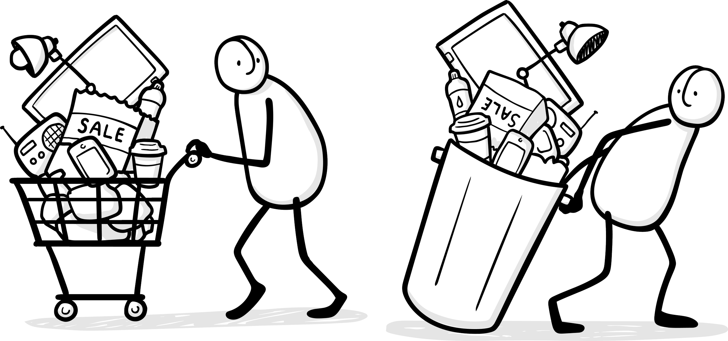 Story of Stuff Illustration of a shopping cart of stuff and a waste can of the same stuff