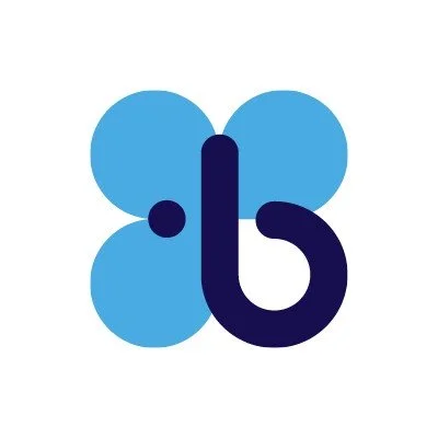 A logo with stylized blue butterfly shape above a dark blue lowercase 'b'.