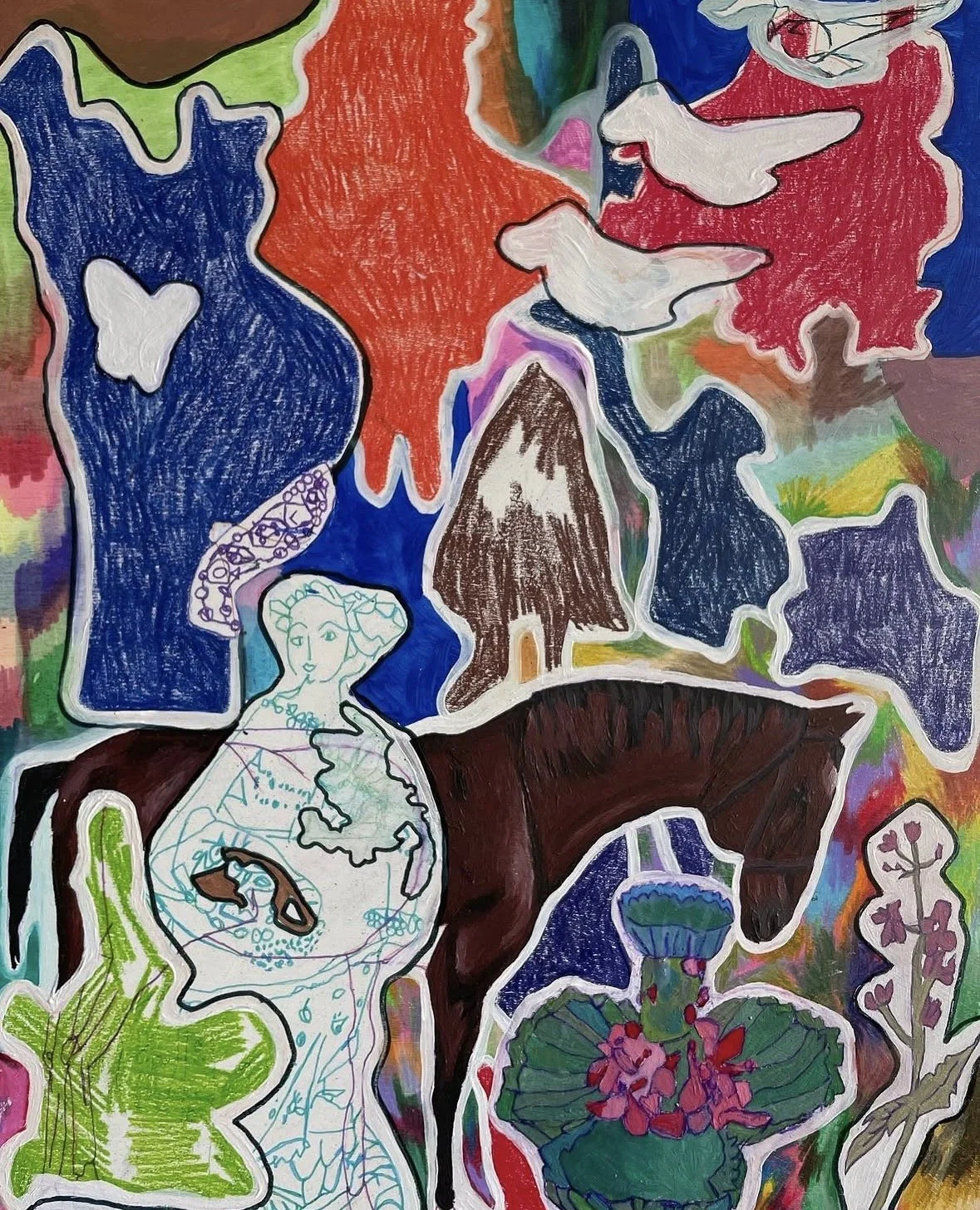 "Her Little Hoard of Pennies" Colour Pencil, Pen & Acrylic on Wood, 2023, H30 x W35 x D5 cm