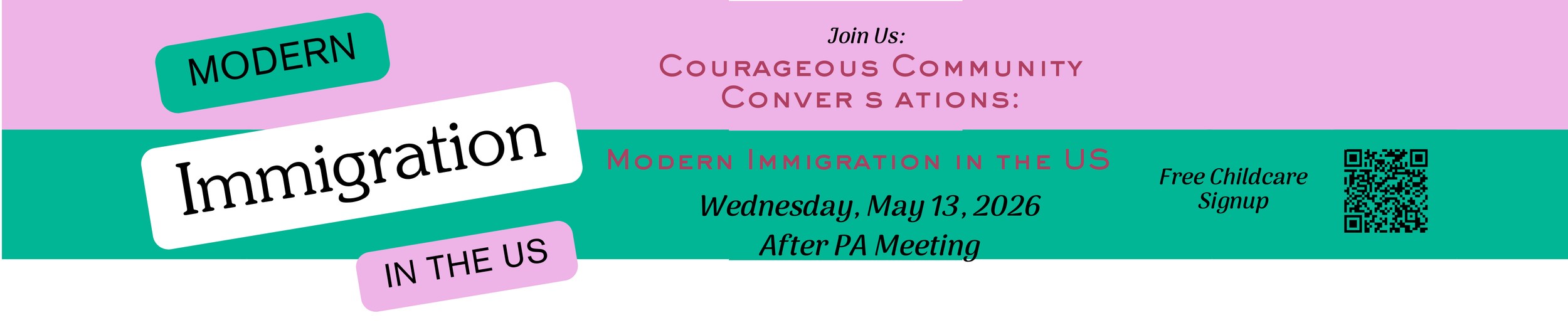 Pink, mint and white striped banner announcing Immigration conversation