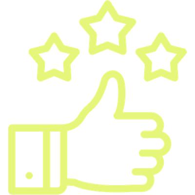 Daumen hoch mit drei schwebenden Sternen darüber, Icon in Neon-Look.