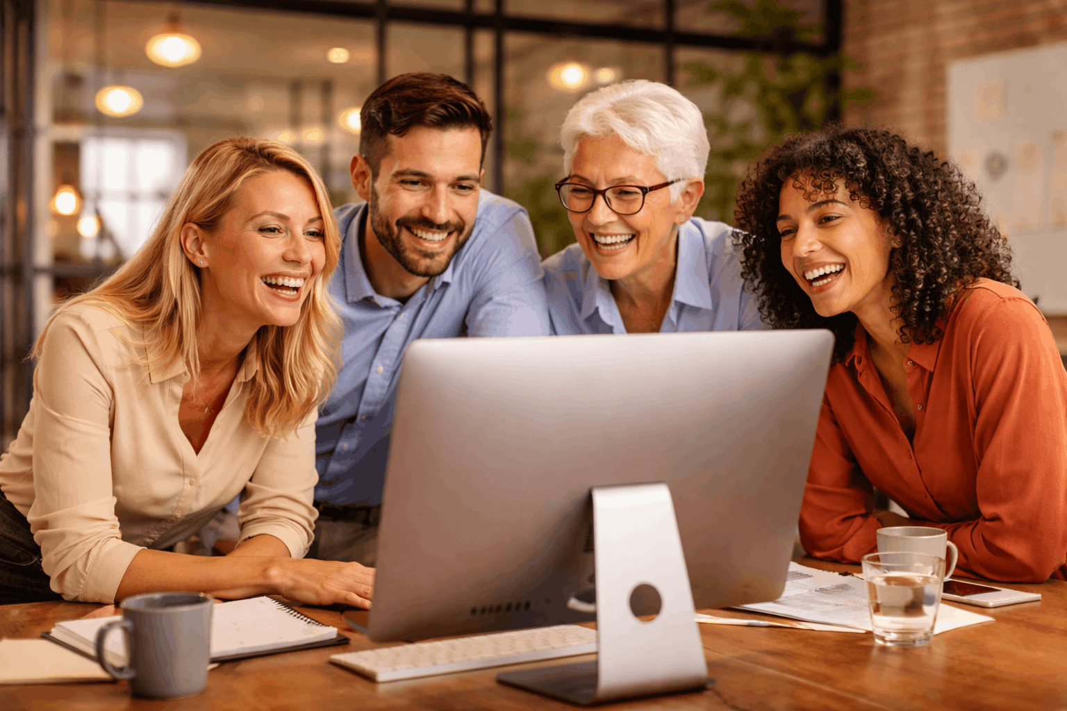 Sechs Menschen schauen gemeinsam lachend auf einen Computerbildschirm in einem Büro, mit Tassen und Notizbüchern auf dem Tisch.