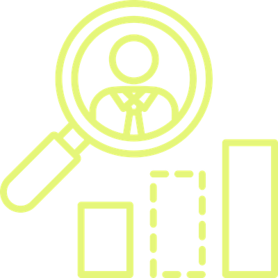 Icon eines Suchmagnifiers mit einer Figur in einem Anzug und Krawatte, daneben Diagramme und Balken, symbolisiert Personensuche und Analyse.